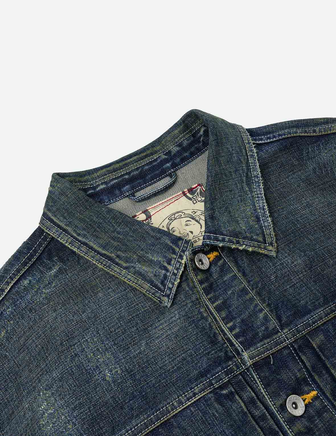 Washed Seagull Embroidery Relax Fit Denim Jacket - 8