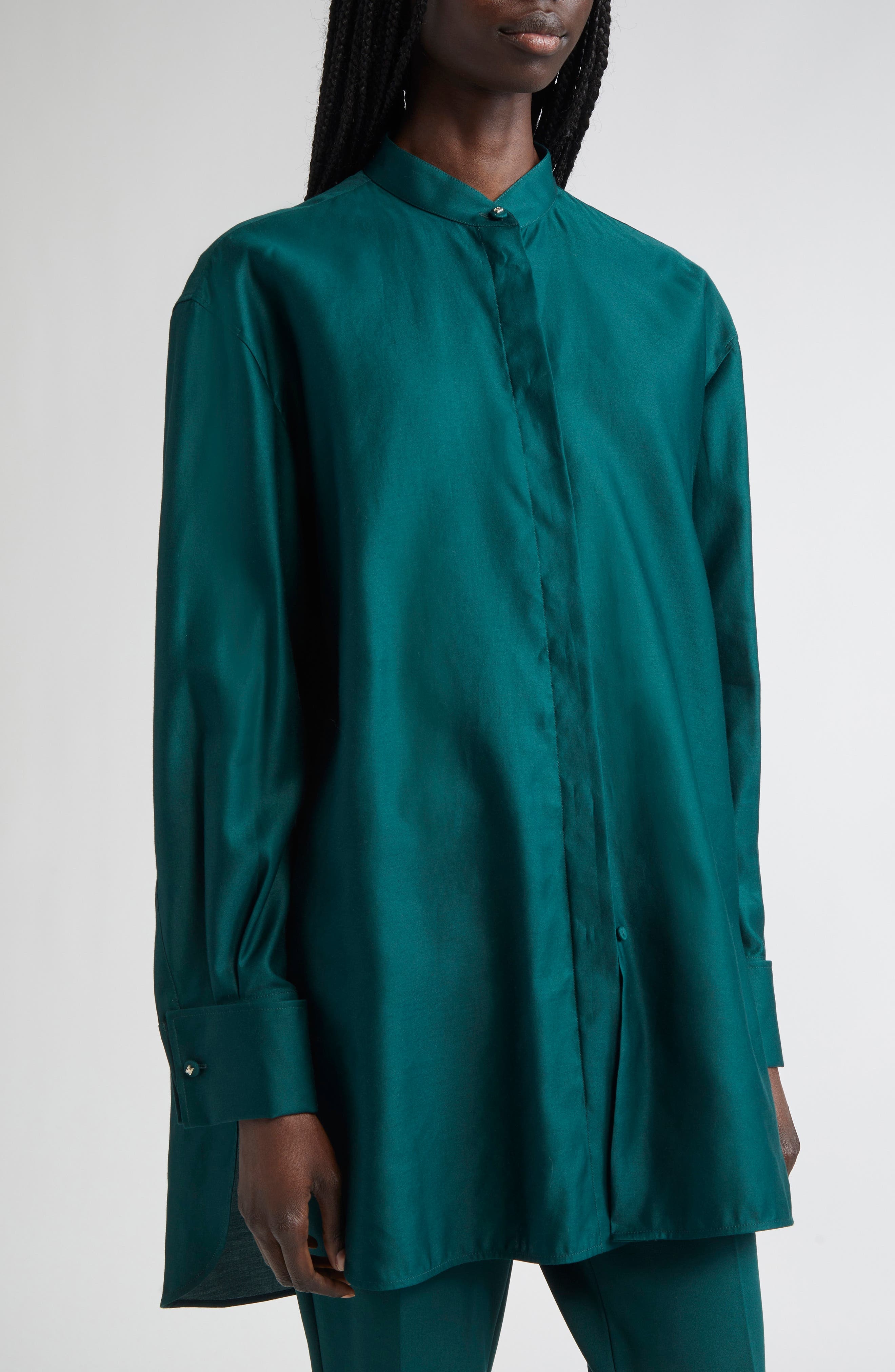 Max Mara Anta Oversize Cotton Sateen Button-Up Shirt in Dark Green at Nordstrom - 5
