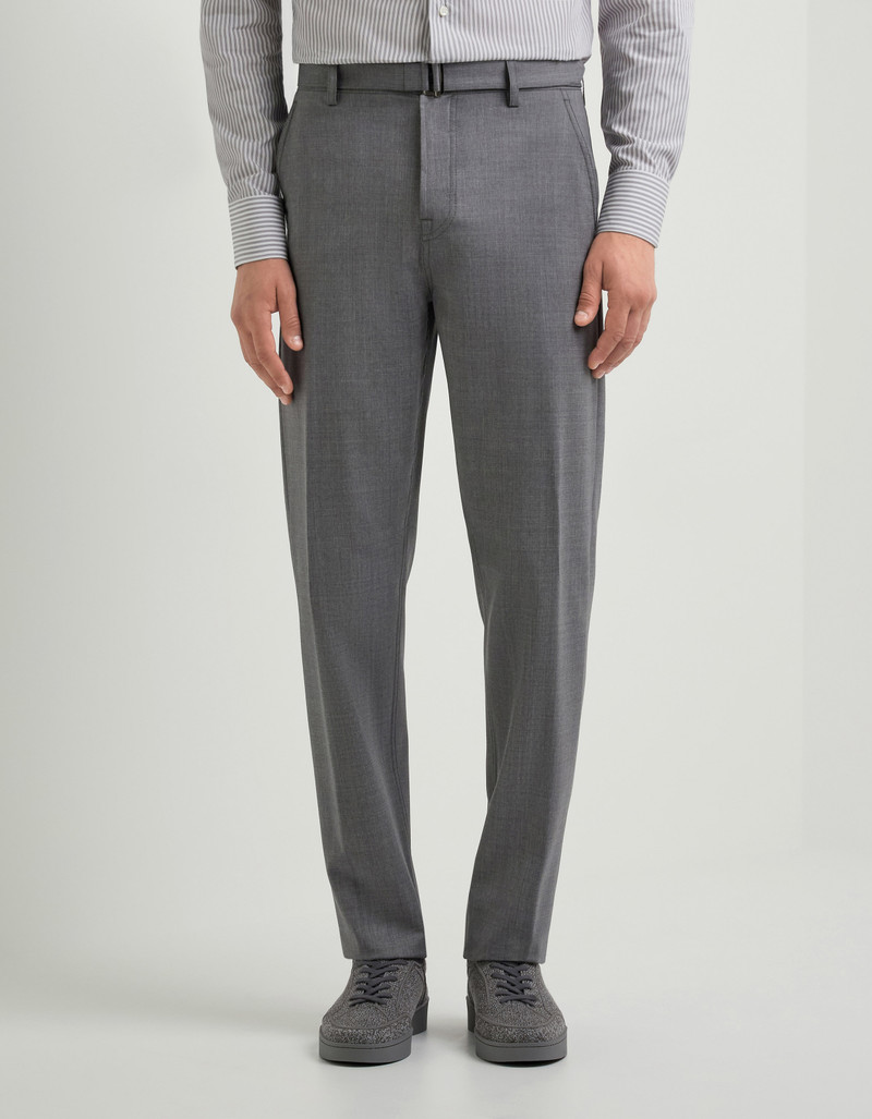 GRAY MELANGE BI-STRETCH WOOL CARROT FIT CHINOS WITH FABRIC BELT 3
