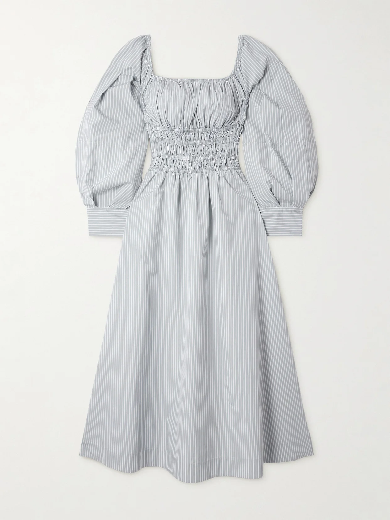 Josie Shirred Striped Cotton-poplin Midi Dress - 1