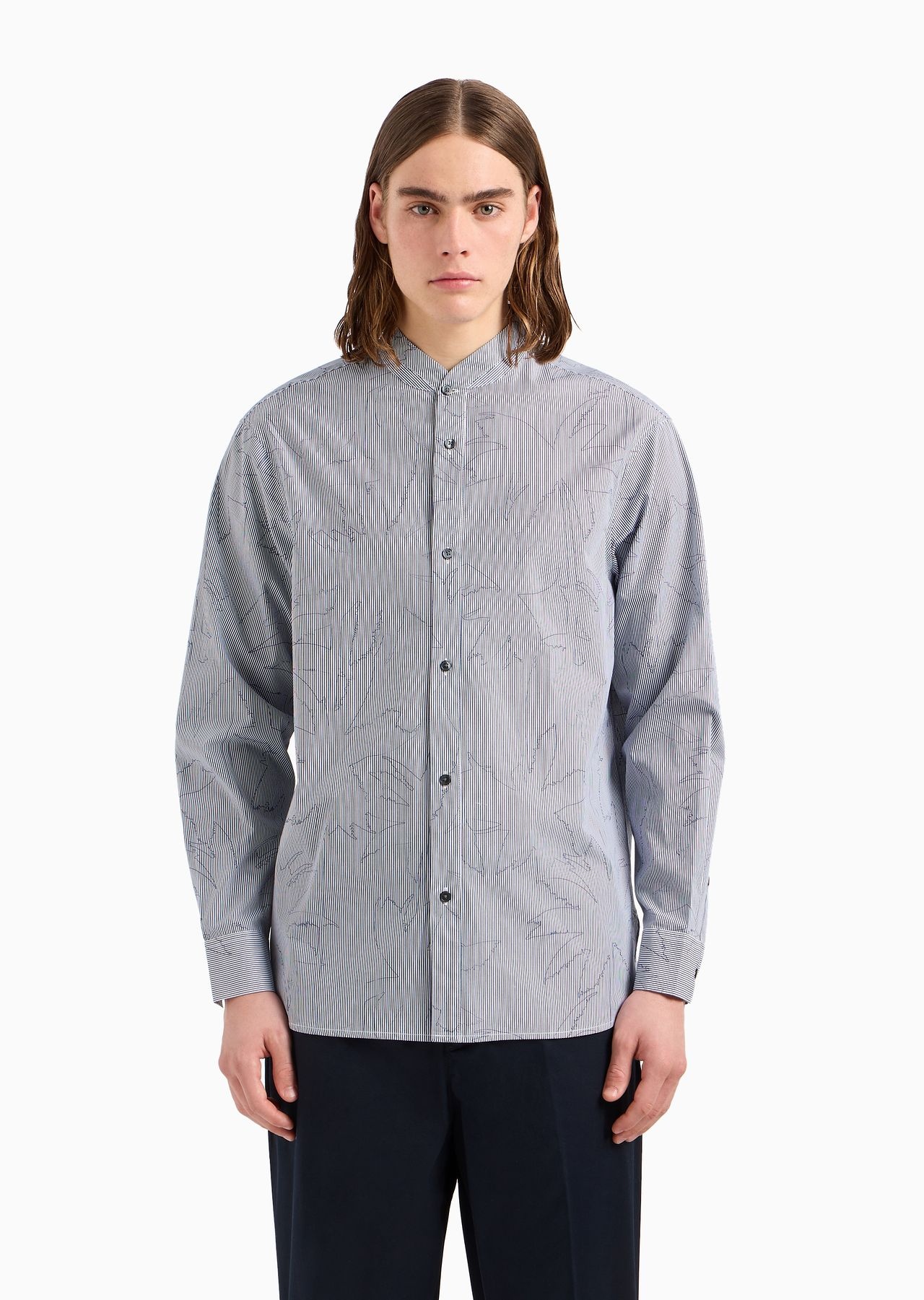 Comfort-fit shirt with guru collar in striped cotton with a palm-tree print - 2