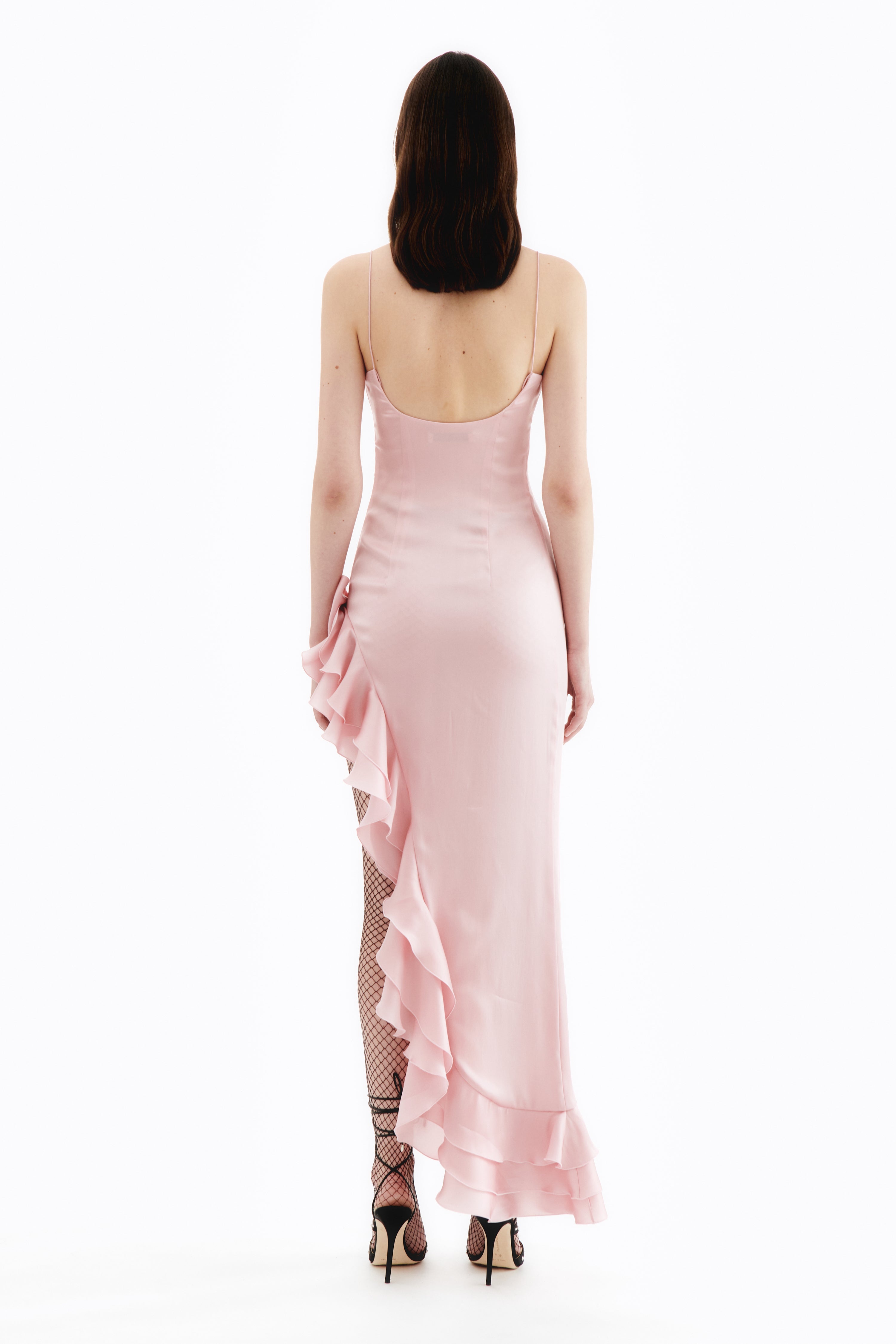 LAMINATED SILK EVENING DRESS WITH VOLANT - 4