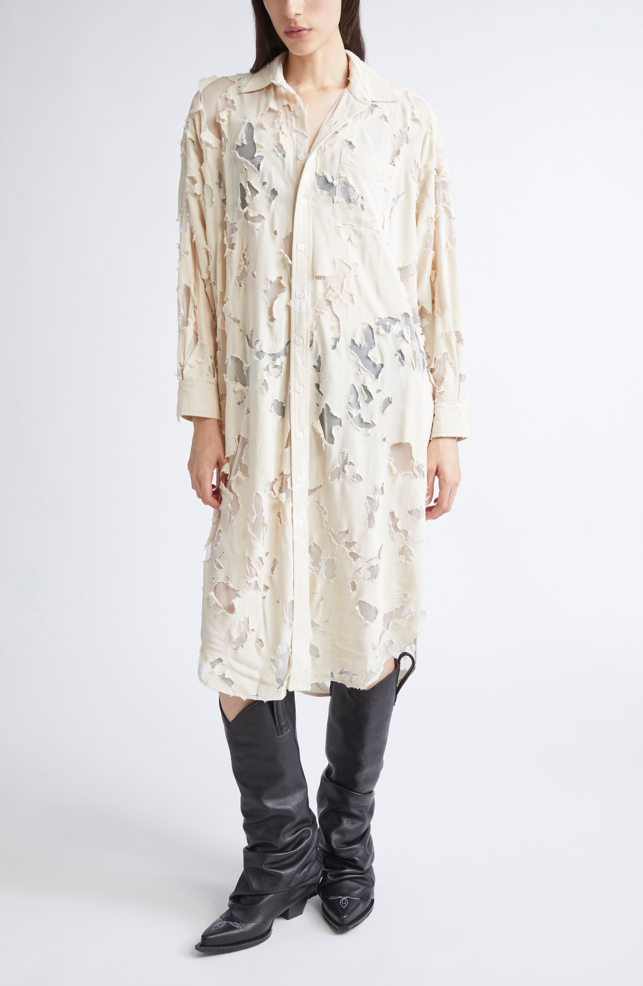R13 Long Sleeve Burnout Jumbo Shirtdress in Ivory at Nordstrom - 1