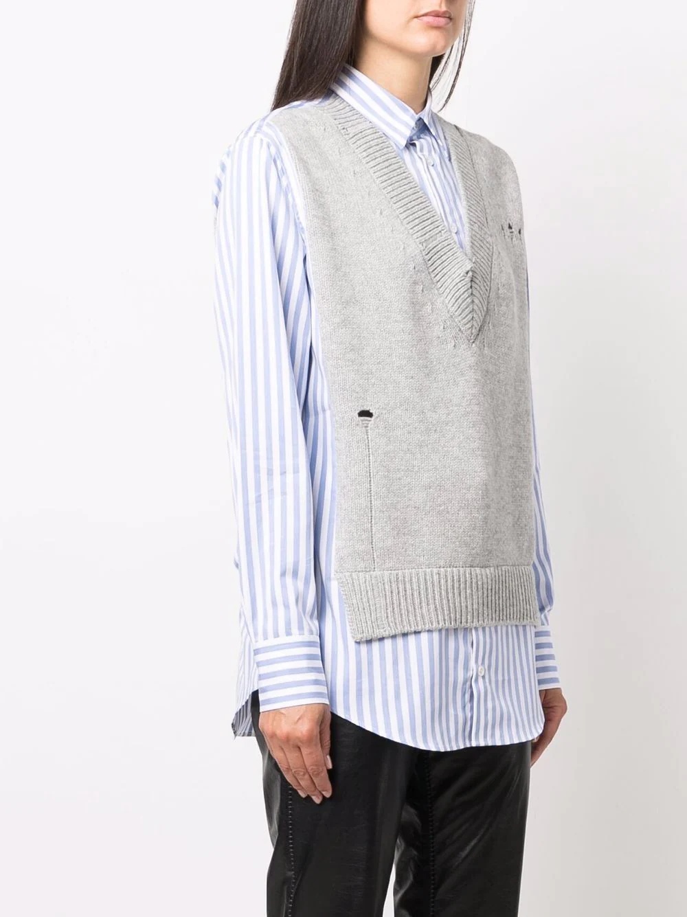 distressed knitted-vest layered shirt - 3