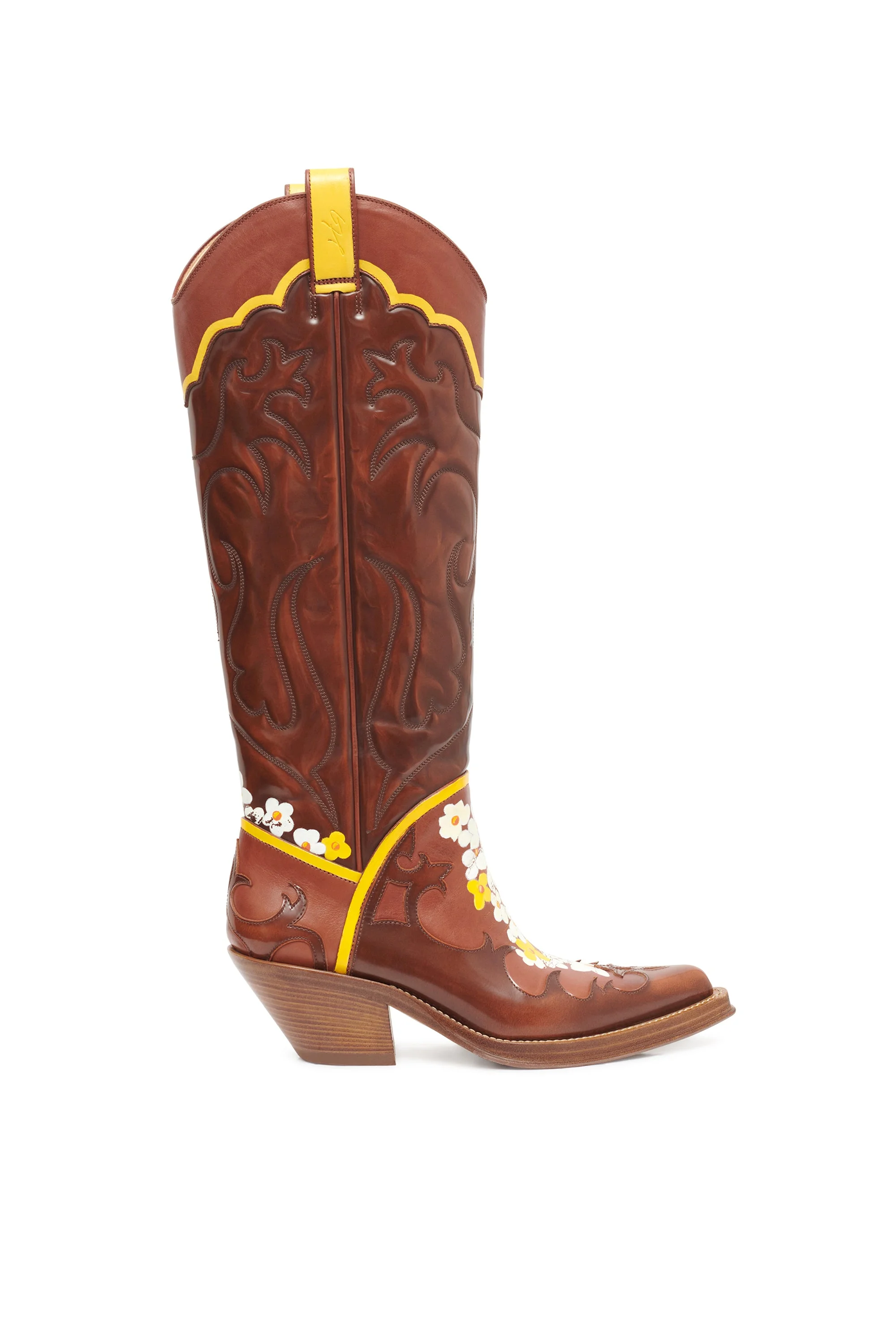 Hand Painted Capitana Cowboy Boot in Cognac, Yellow & White Floral Leather - 1