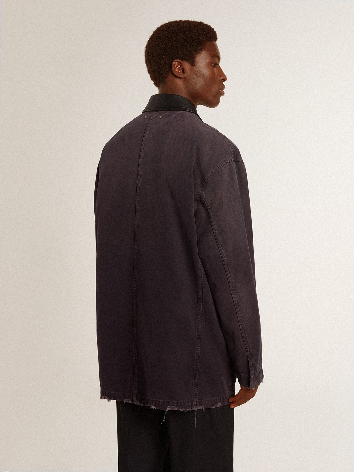 Men's denim jacket with distressed details and leather collar - 4