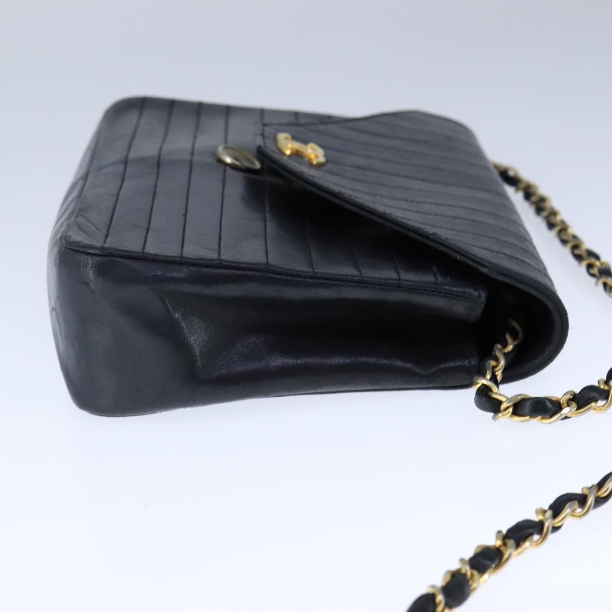 CHANEL Mademoiselle Chain Shoulder Bag Lamb Skin Black Gold CC - 4
