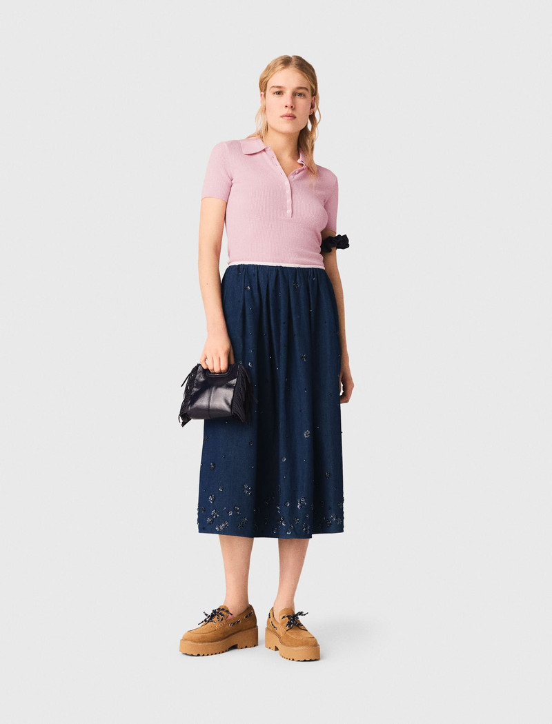 maje Embroidered denim midi skirt outlook