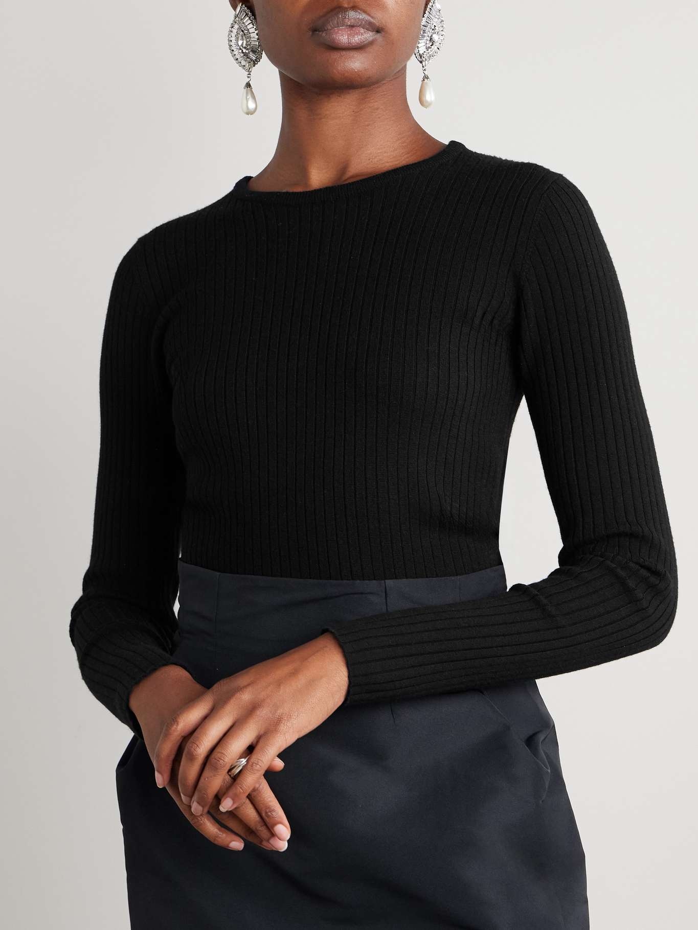 Convertible embellished crochet-trimmed ribbed wool sweater Black - 6