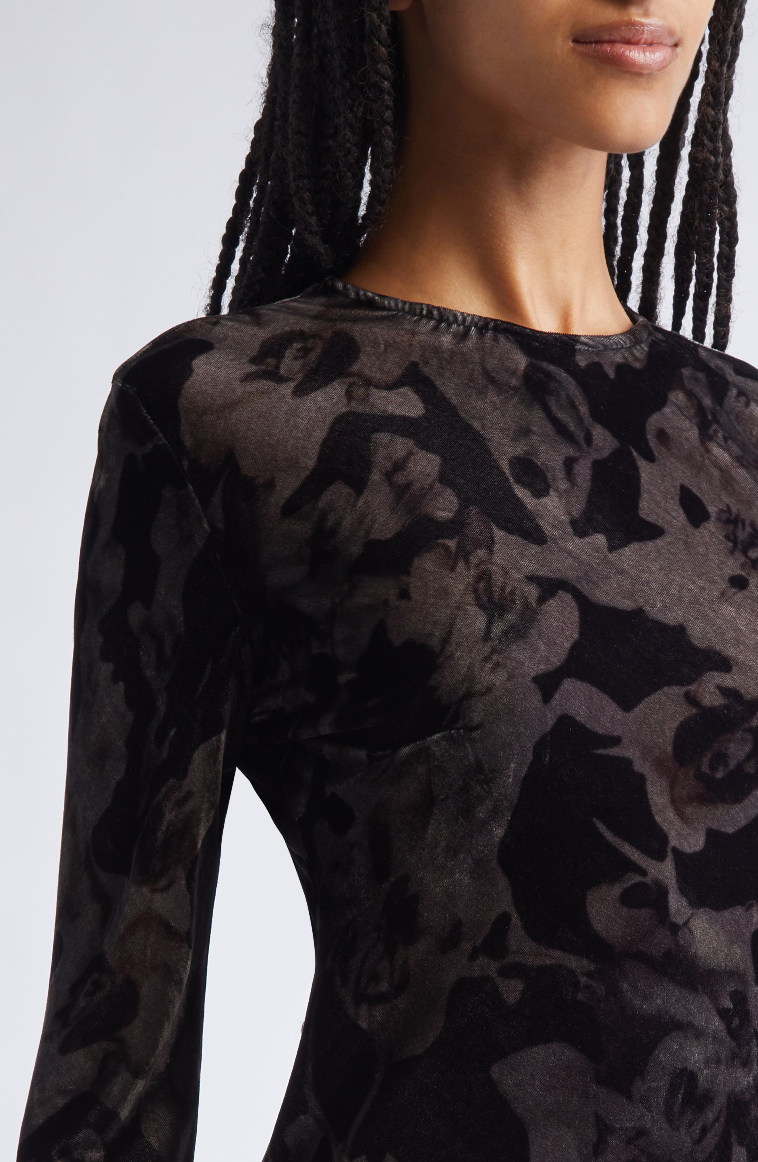 Collina Strada Yuri Leopard Floral Long Sleeve Crepe Dress in Black Watercolor Roses at Nordstrom - 4