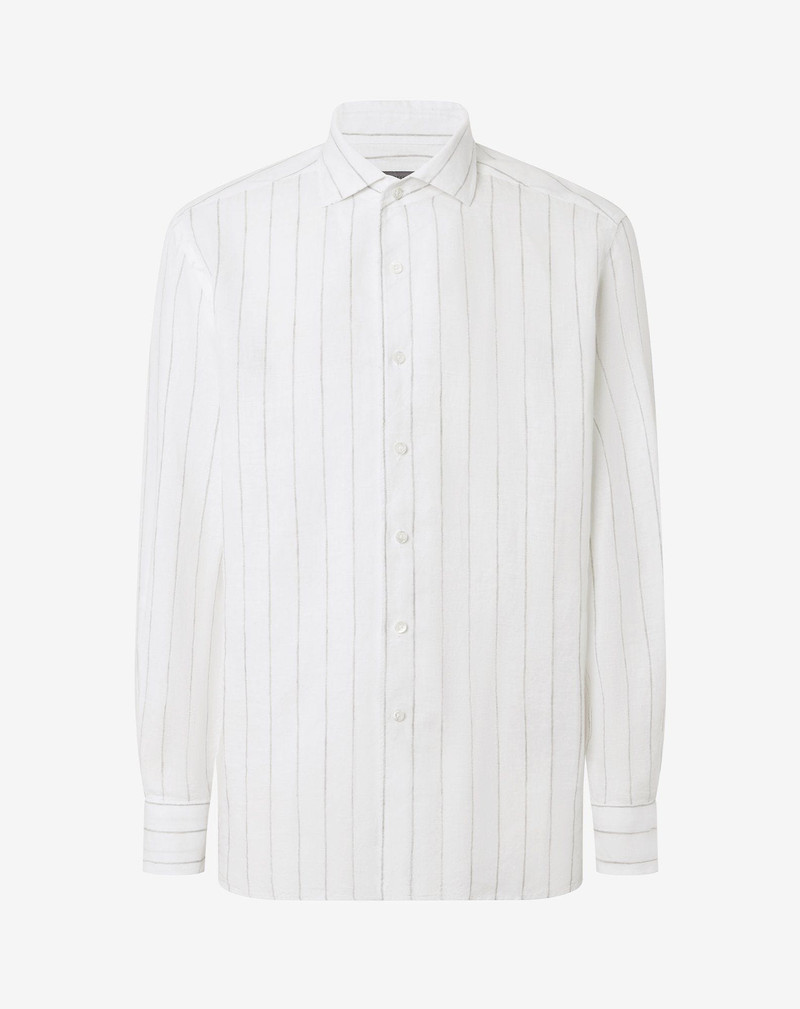 White pure linen shirt with grey striped pattern 1