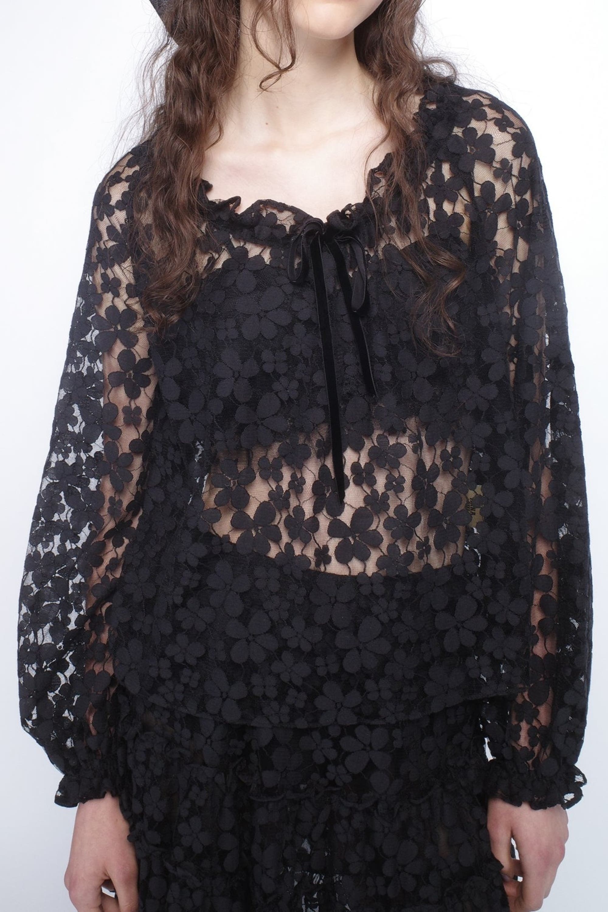 Anna Sui Shadow Blossom Tulle Elastic Lace Blouse in Black at Nordstrom - 4