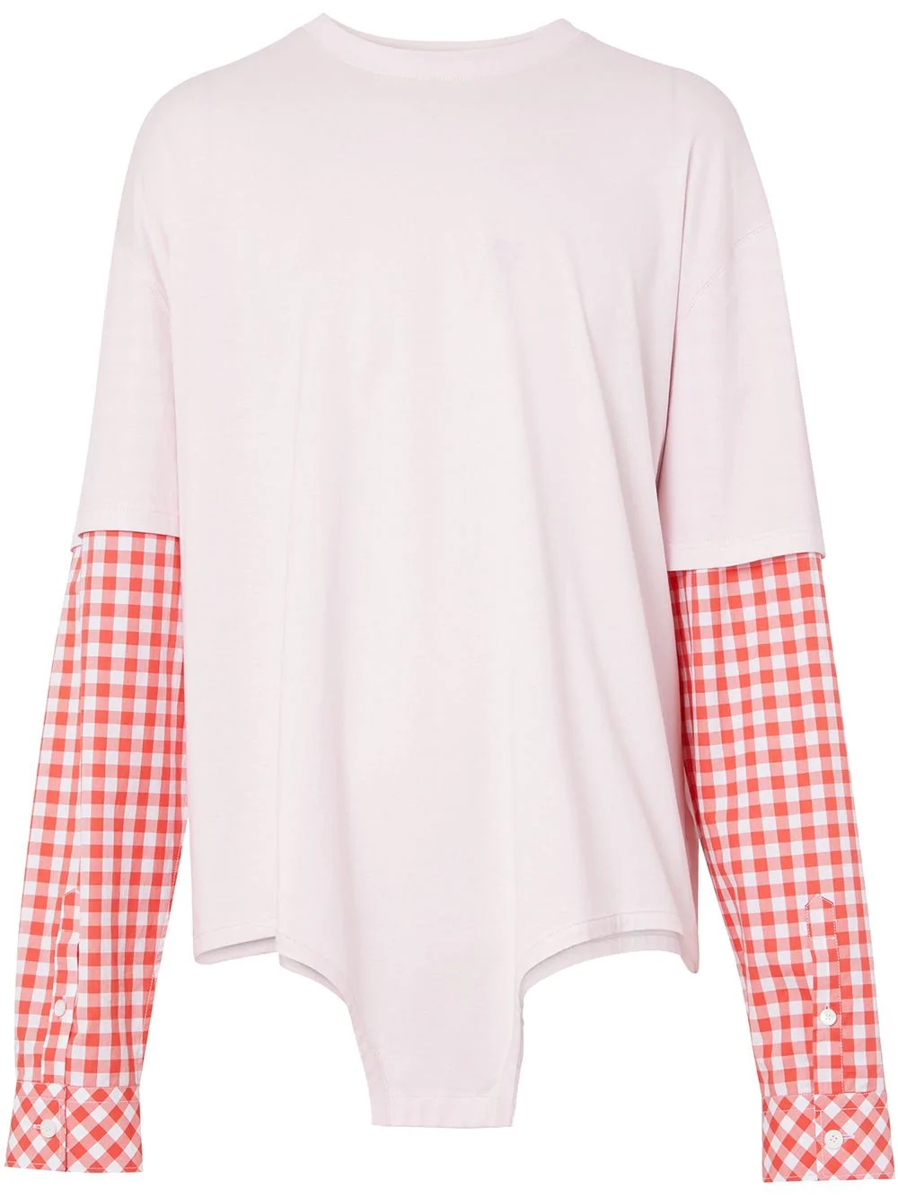 gingham sleeve cut-out hem T-shirt - 1