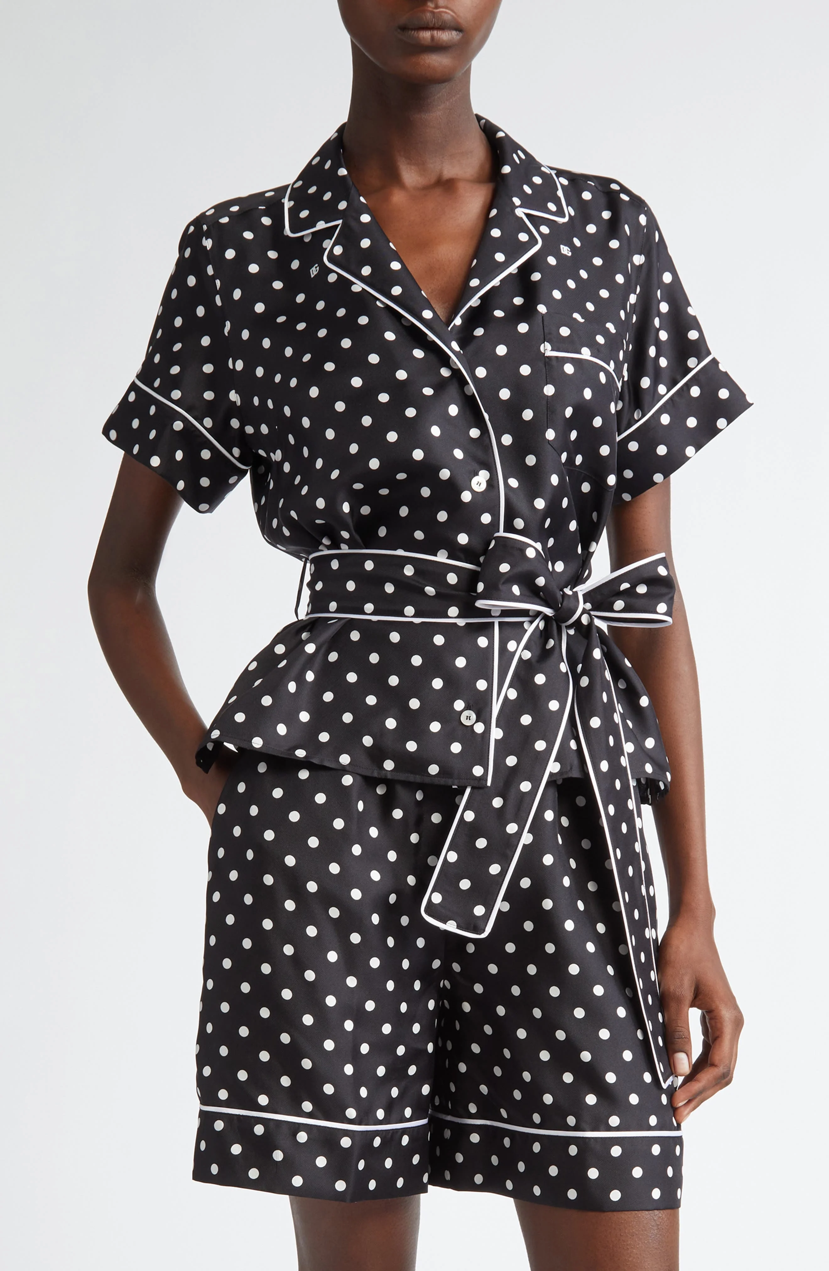 Dolce&Gabbana Polka Dot Belted Silk Pajama Shirt in Nero at Nordstrom - 1