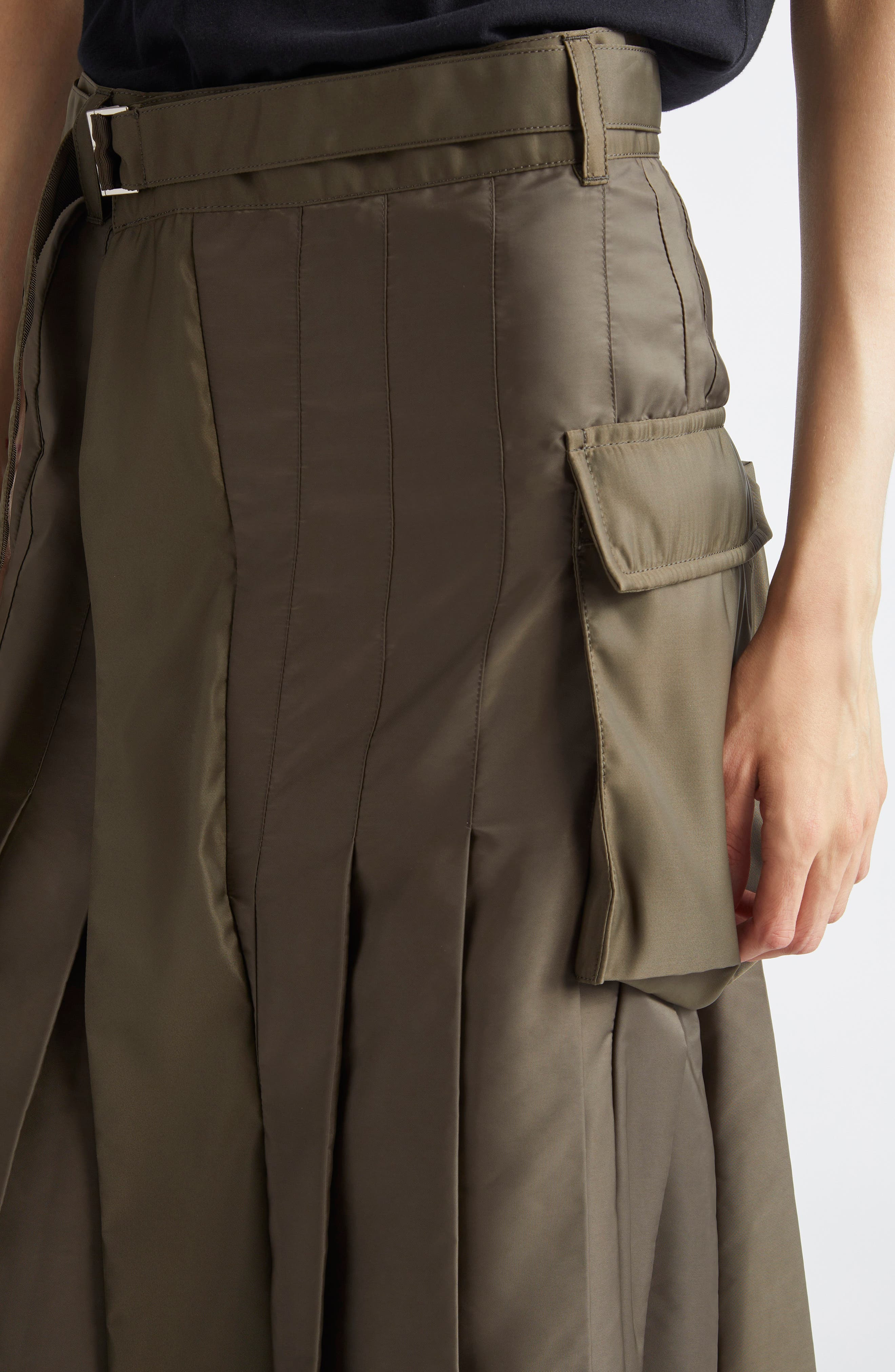 Sacai Belted Pleated Midi Skirt in Dark Khaki at Nordstrom - 5