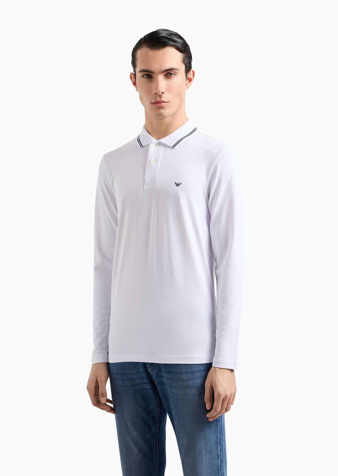 Long-sleeved stretch piqué polo shirt with micro eagle embroidery - 2