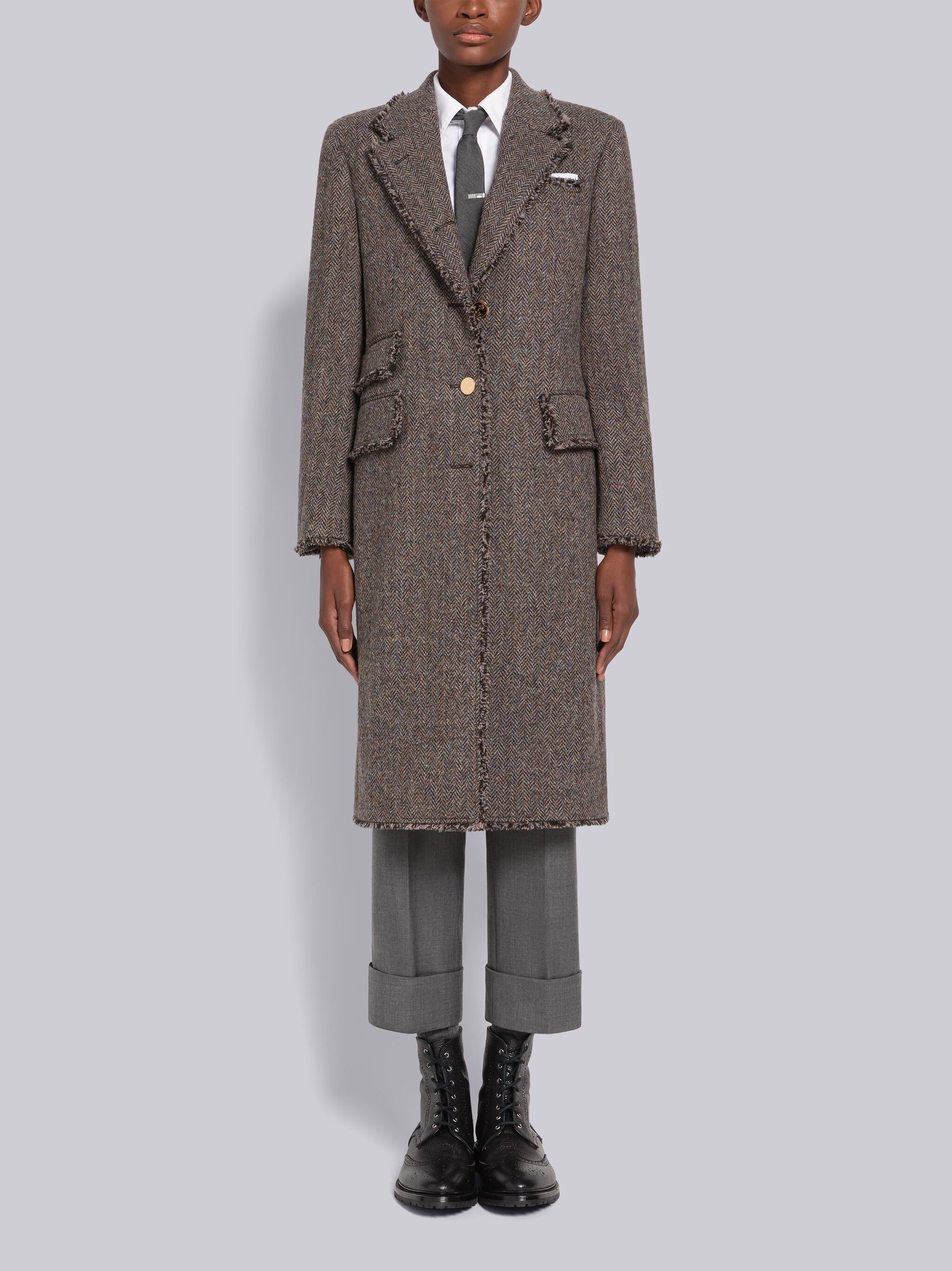 Herringbone Frayed Single Vent Overcoat - 1