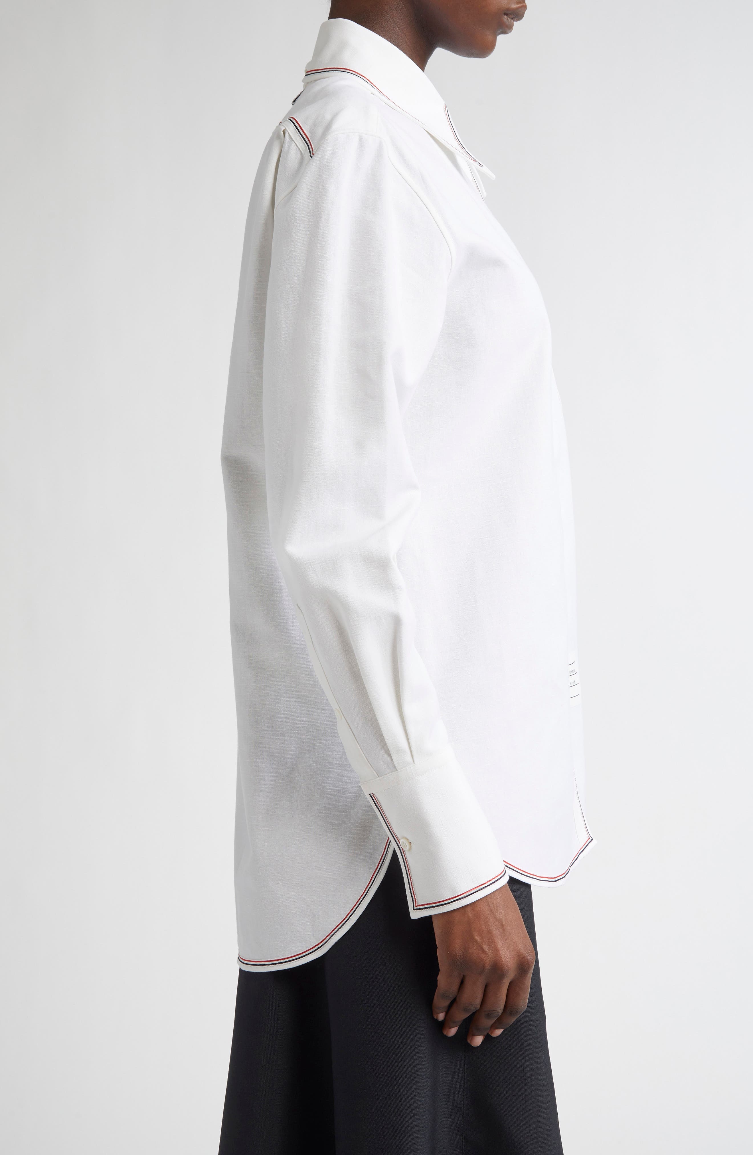 Thom Browne Exaggerated Point Collar Cotton & Linen Button-Up Shirt in White at Nordstrom - 4