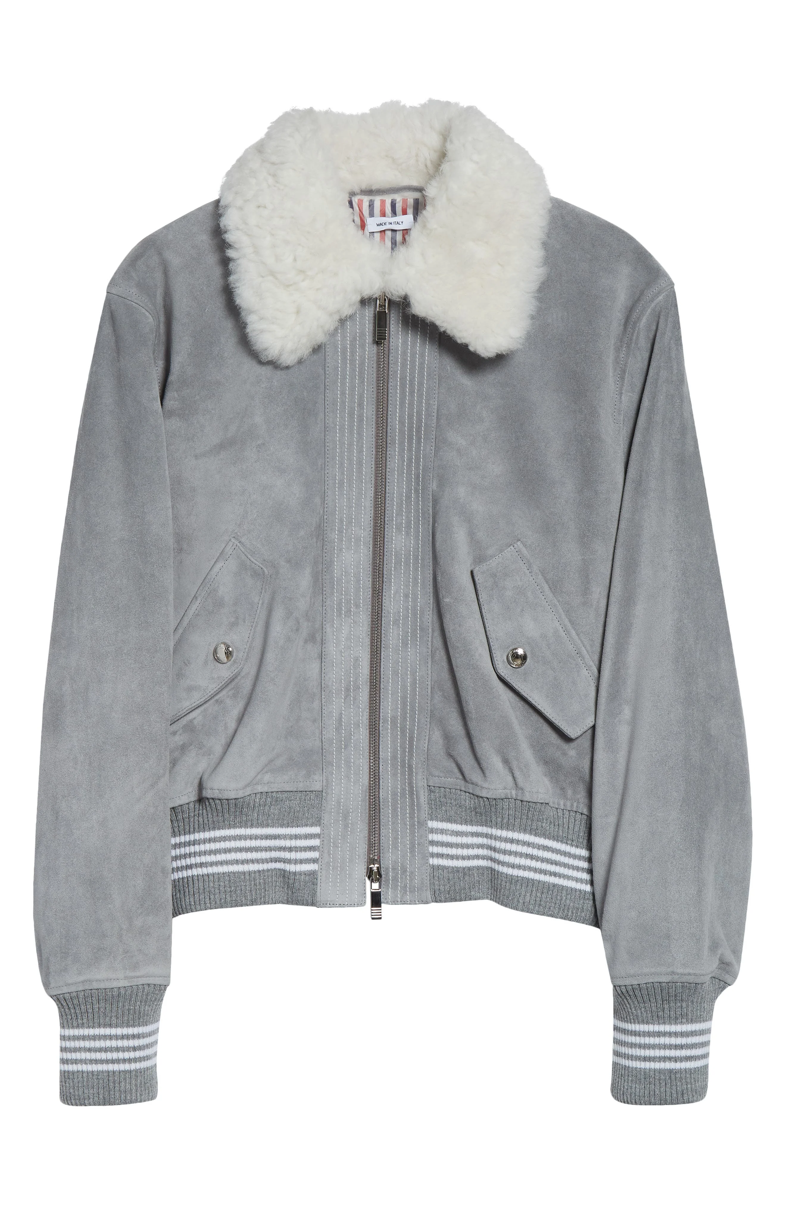 Thom Browne 4-Bar Suede Crop Bomber Jacket with Genuine Shearling Collar in Medium Grey at Nordstrom - 1