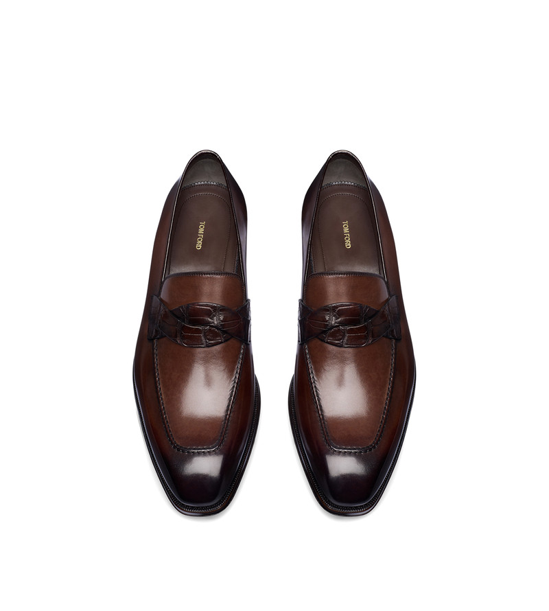 TOM FORD BURNISHED LEATHER AND ALLIGATOR ELKAN TWISTED BAND LOAFER outlook