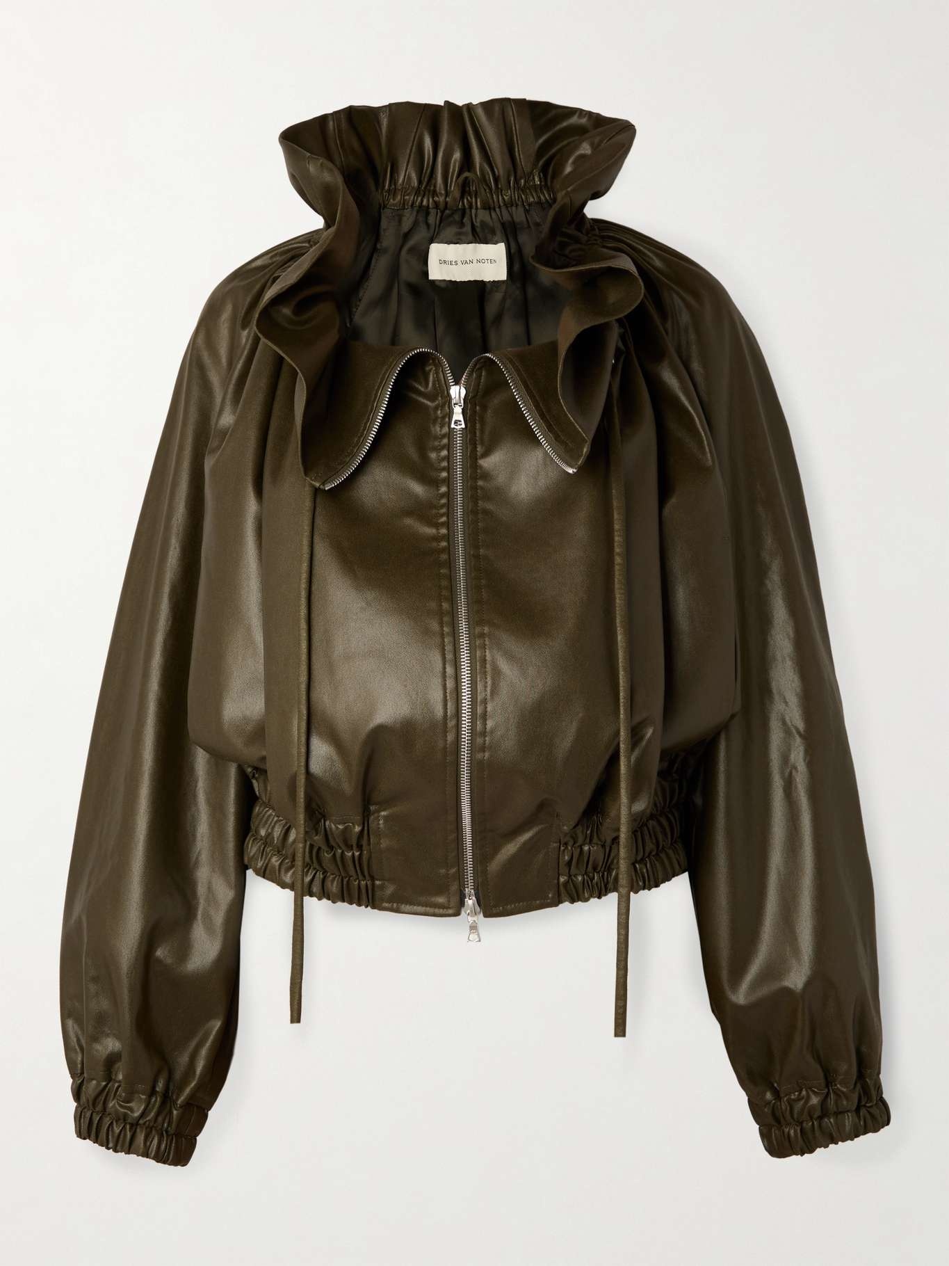 Dries Van Noten Cropped ruffled faux leather bomber jacket Dark