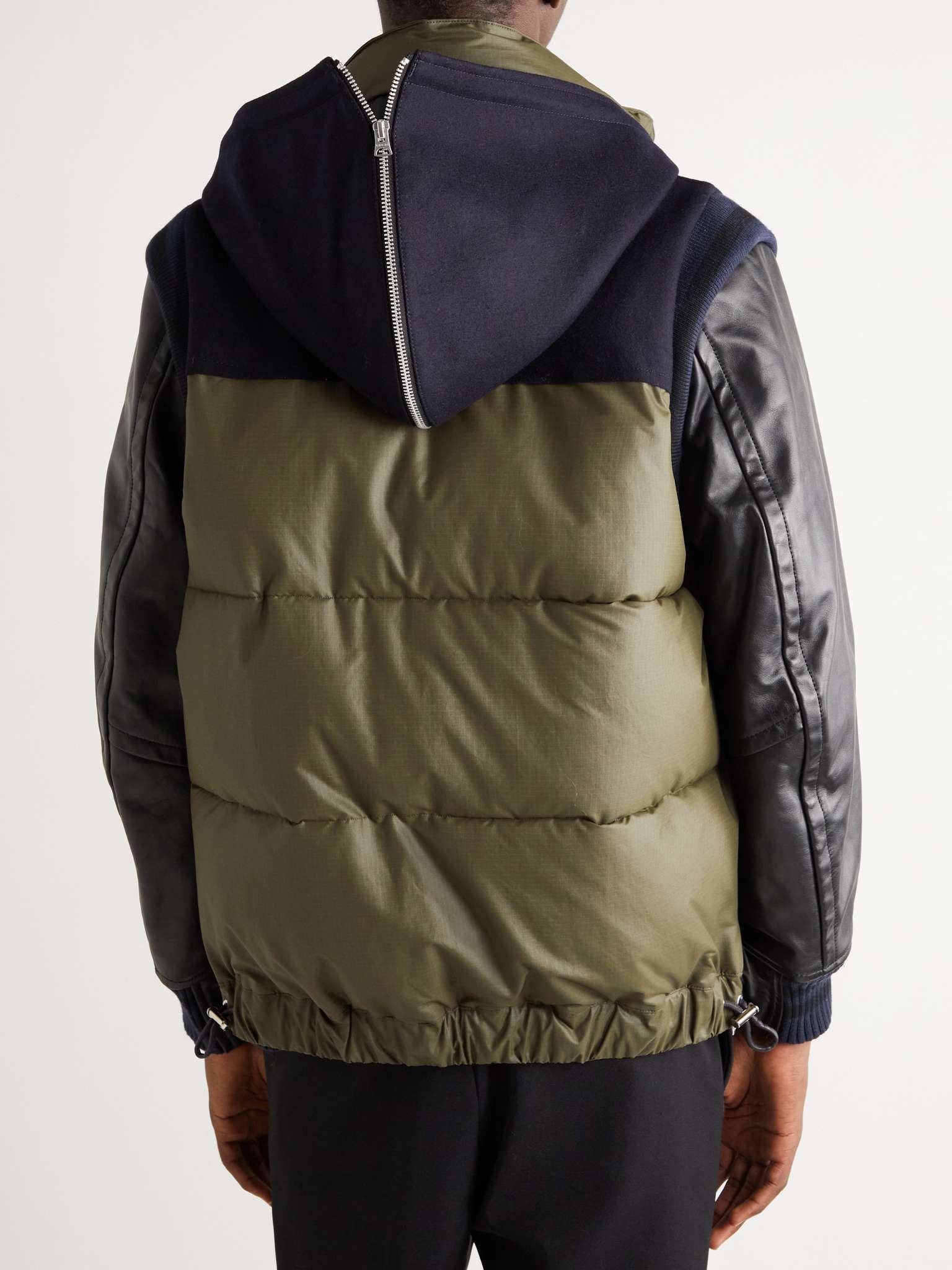 Quilted Ripstop, Leather, Felt and Ribbed-Knit Hooded Down Jacket - 4