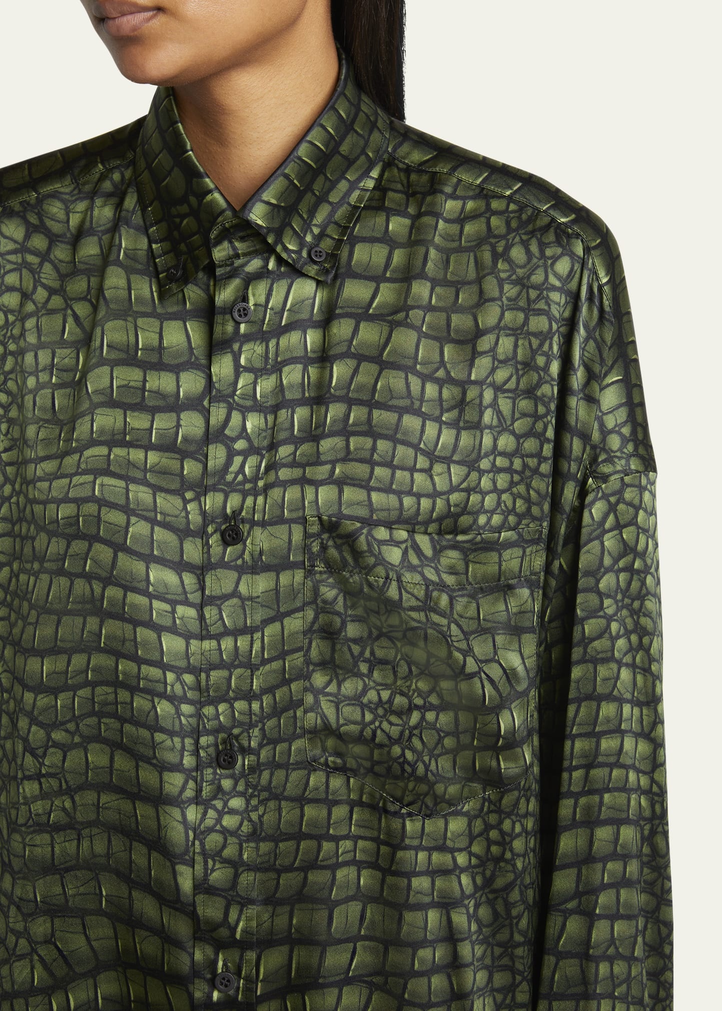 Crocodile Print Satin Button Down Cocoon Blouse - 5