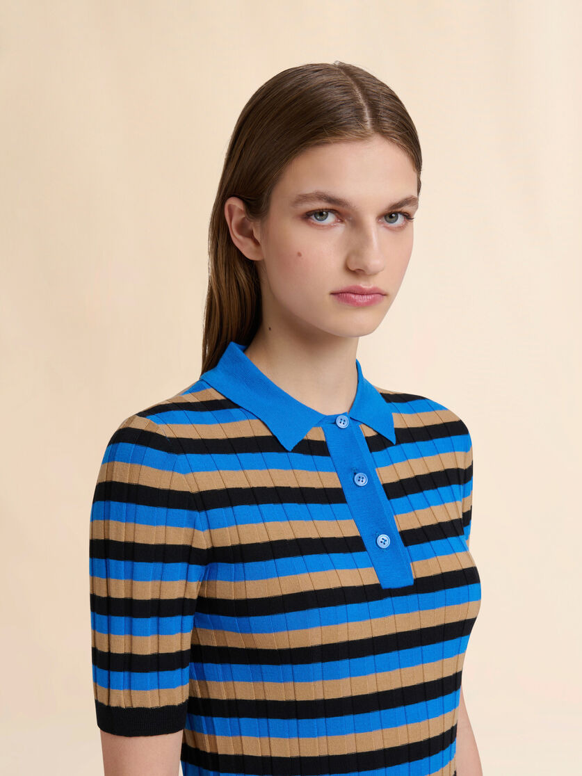 BROWN AND BLUE STRIPED WOOL POLO SHIRT - 4