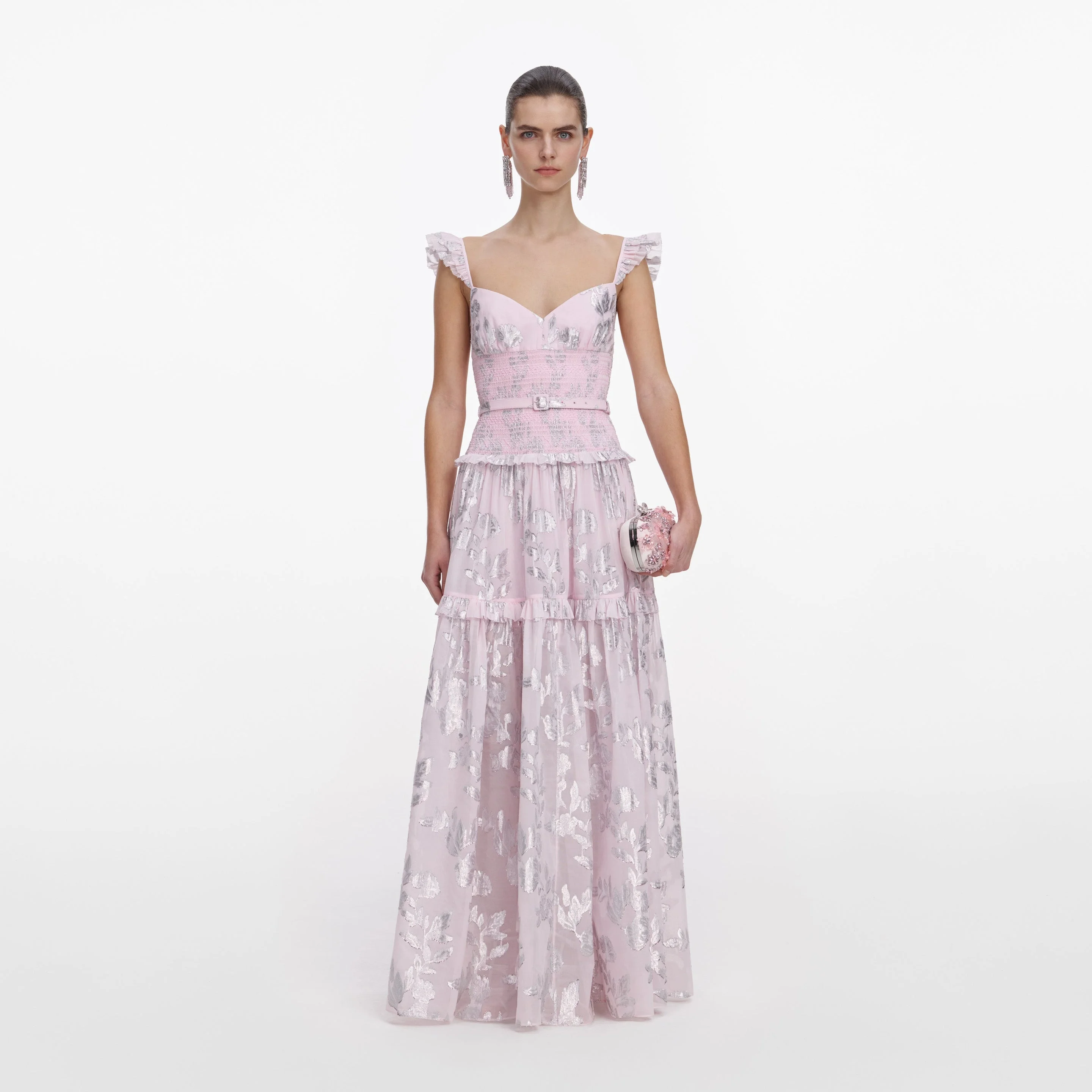 Pink Metallic Chiffon Flower Maxi Dress - 1