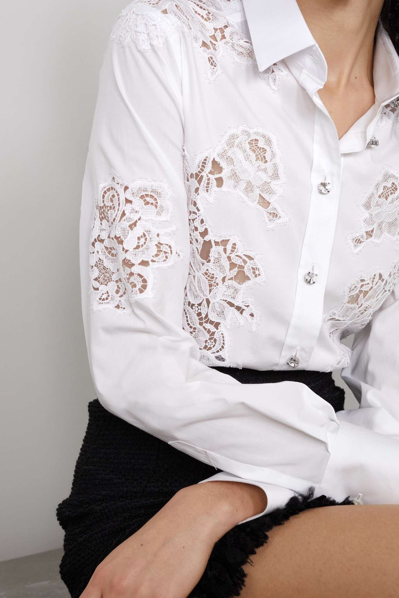 Chantilly lace-paneled cotton-blend poplin shirt - 5