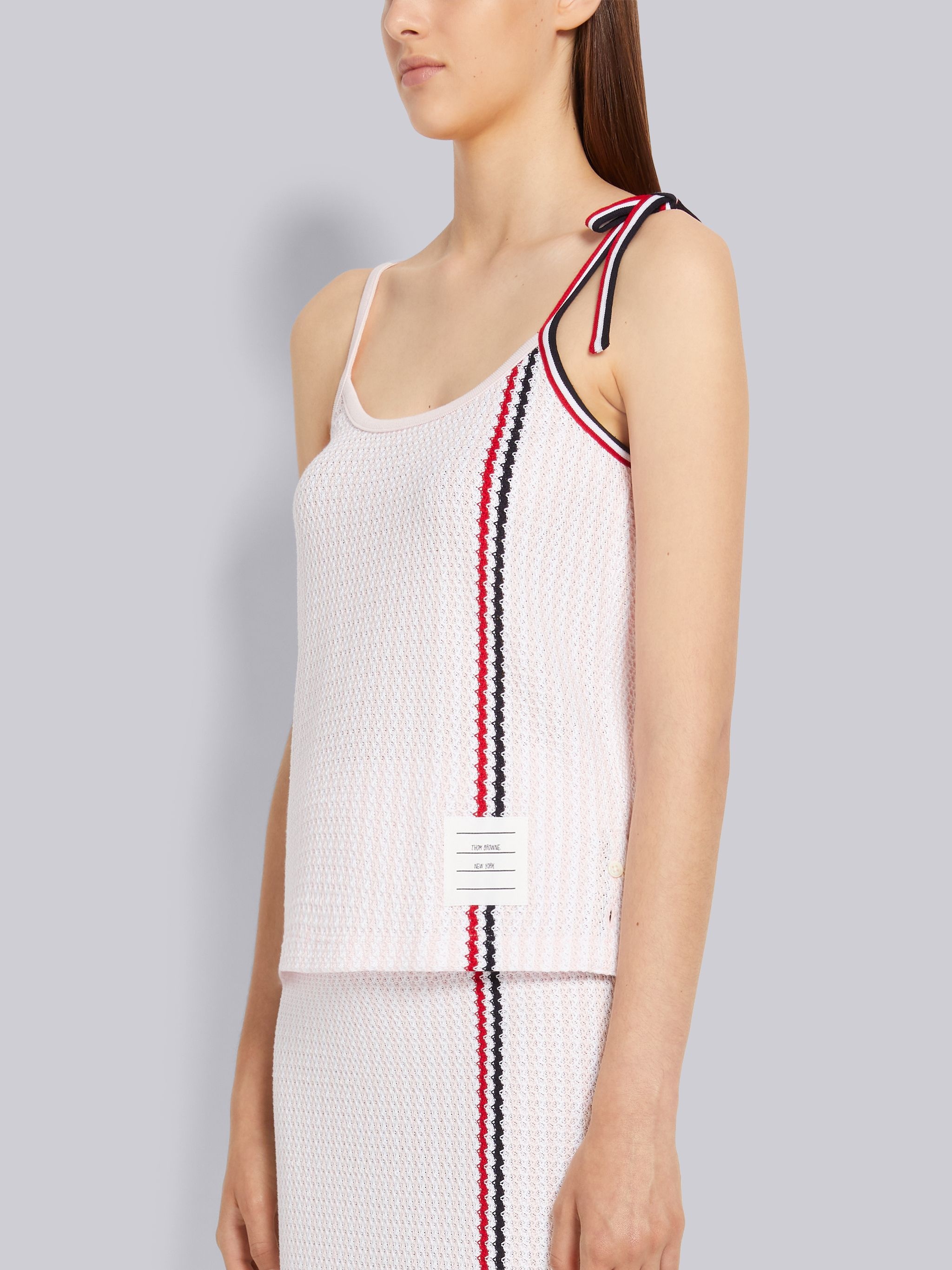 Light Pink University Stripe Cotton Tweed Engineered Stripe Tie Strap Camisole - 2
