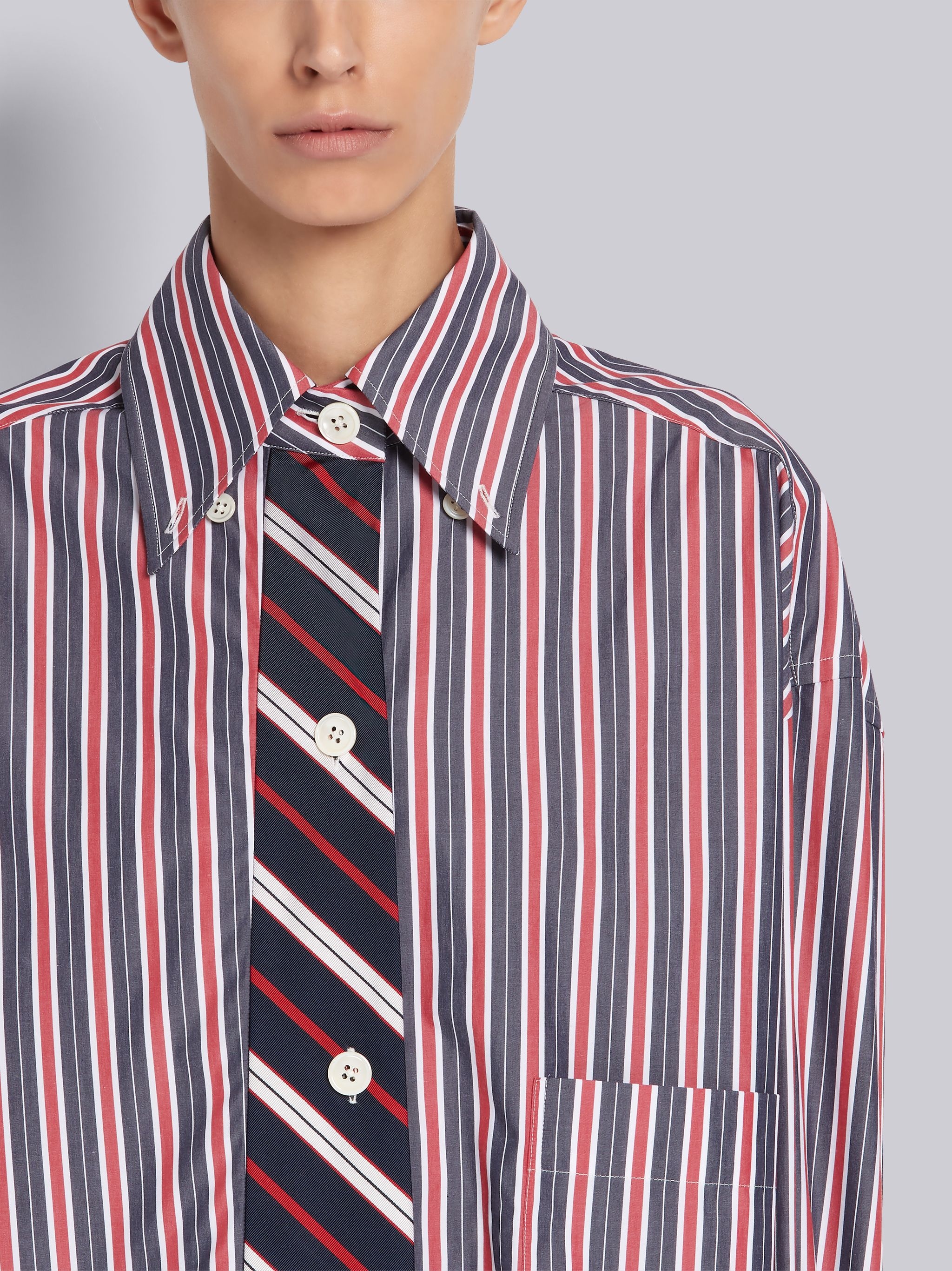 Multi-Color Cotton Poplin Trompe L'oeil Bar Stripe Necktie Supersized Shirt - 5