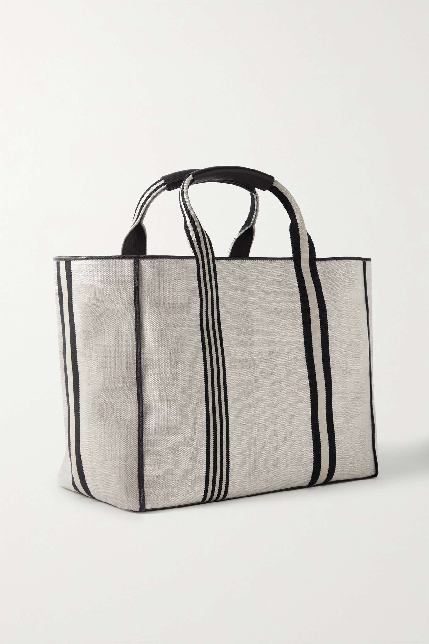 Shopping textured leather-trimmed striped canvas tote - 3