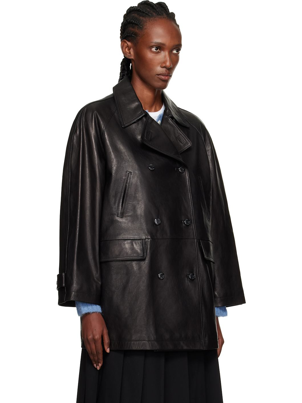 Black Vegetable Leather Pea Coat - 2