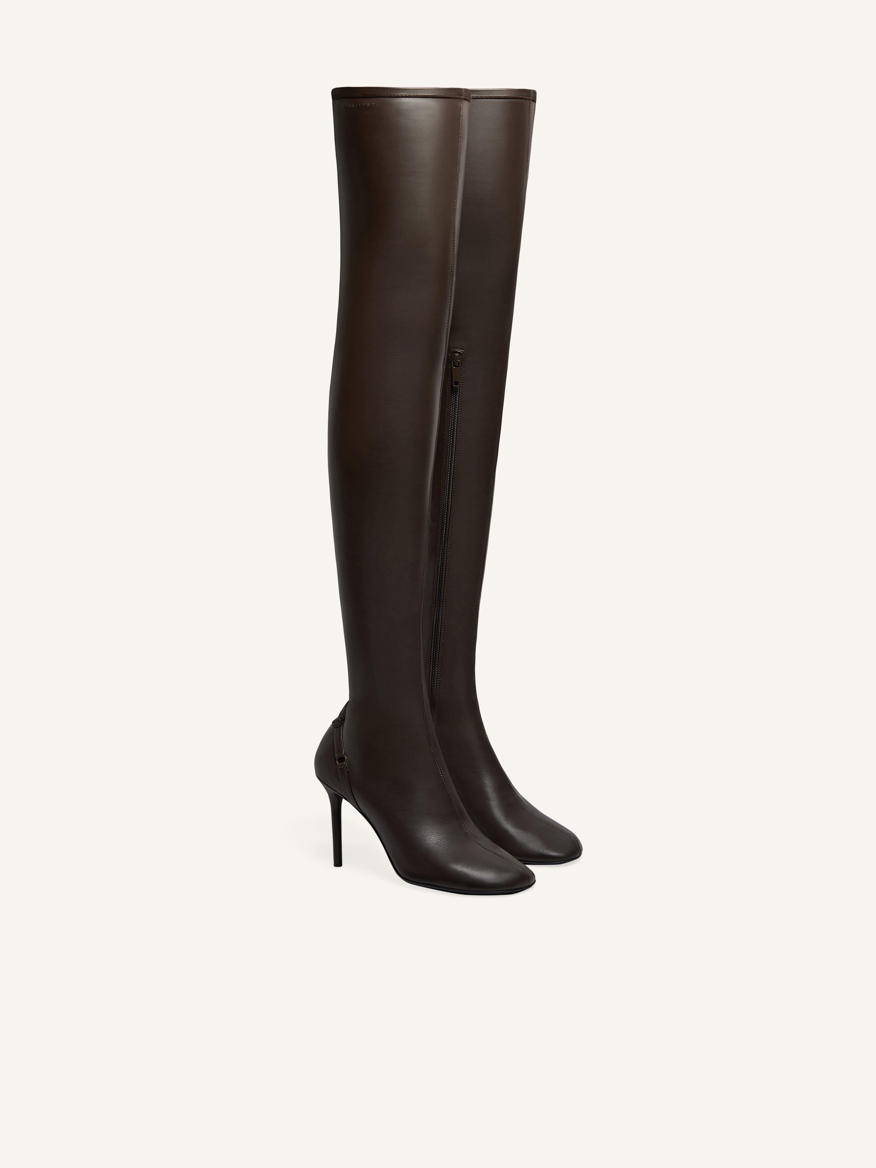 OBLIQUE STRETCH LEATHER EFFECT THIGH BOOTS - 2
