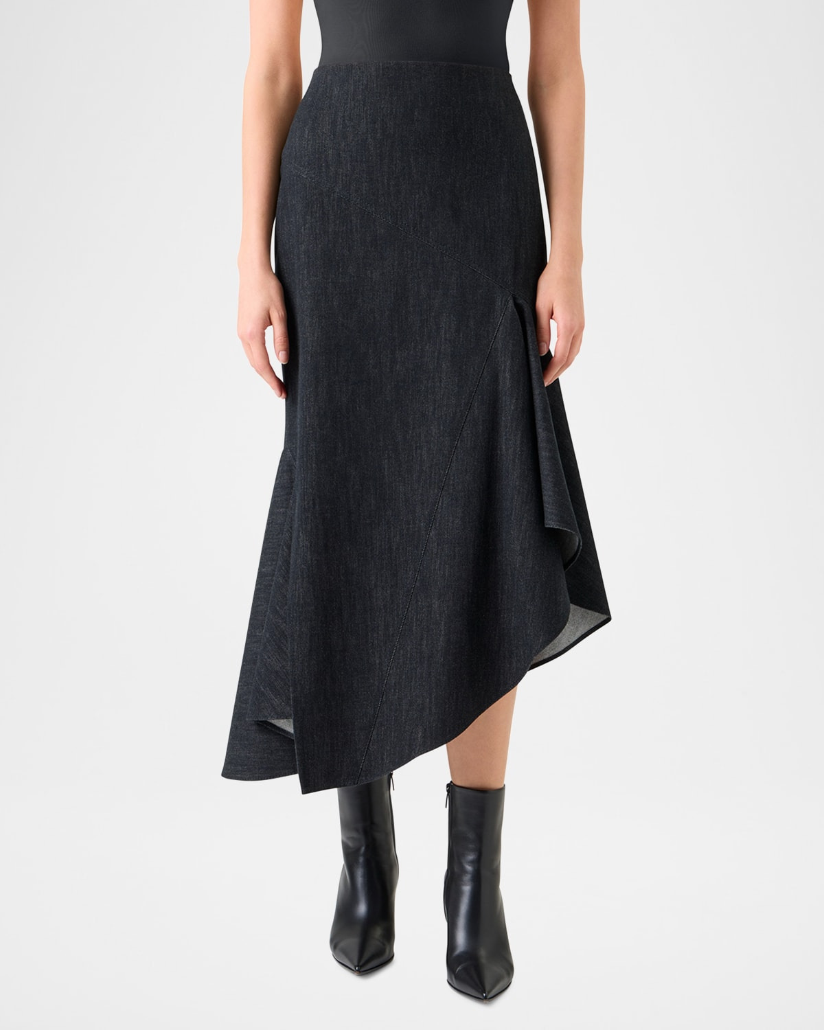 Asymmetric Flared-Hem Stretch Denim Midi Skirt - 2