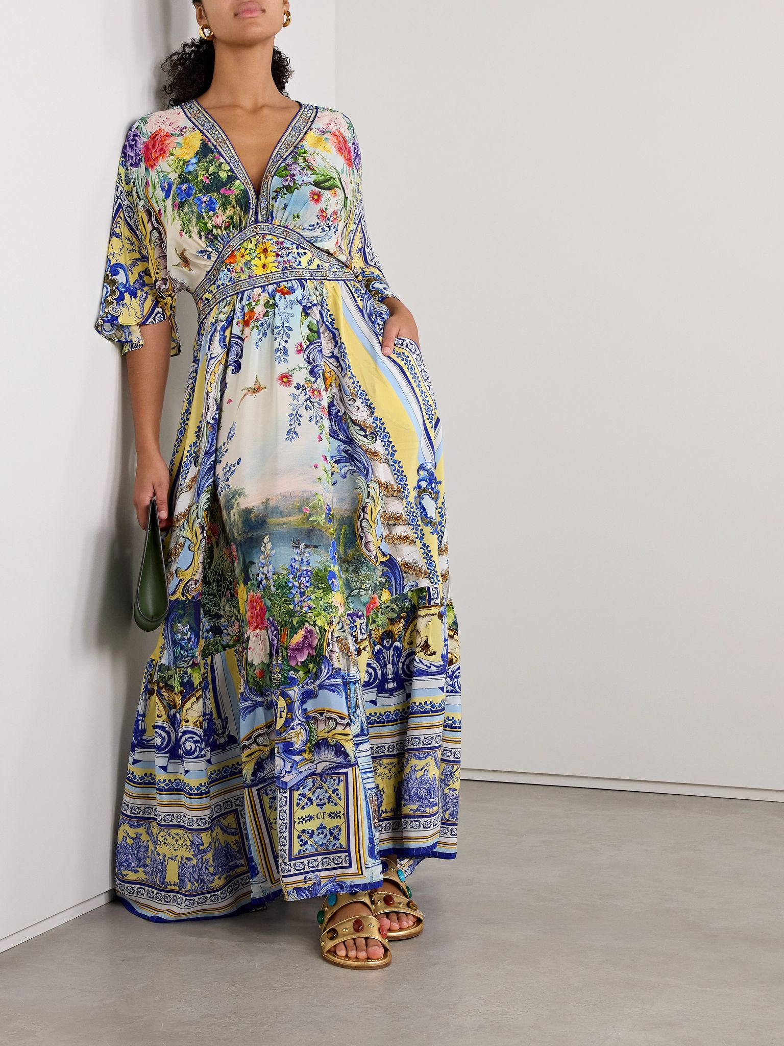 Crystal-embellished printed silk crepe de chine maxi dress Blue - 2