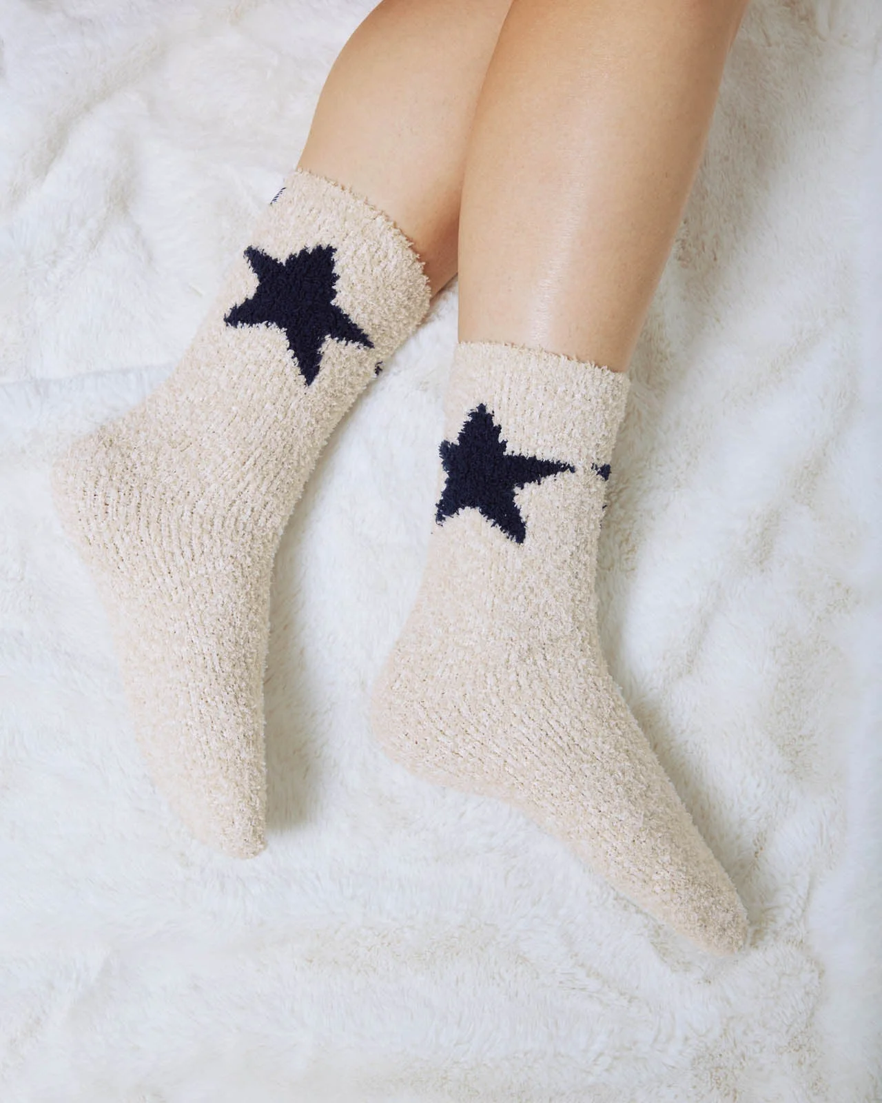 Navy Star Fuzzy Yarn Socks - 1