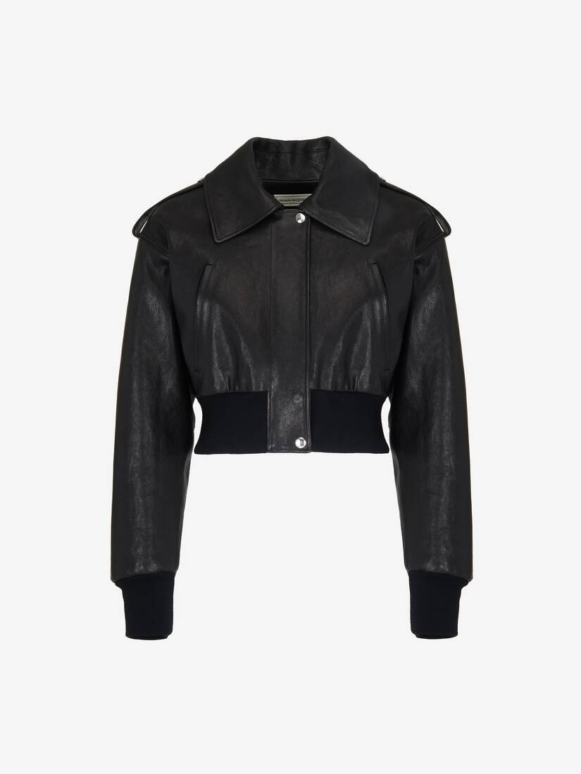Women's Cropped Aviator Bomber Jacket in Black - 1