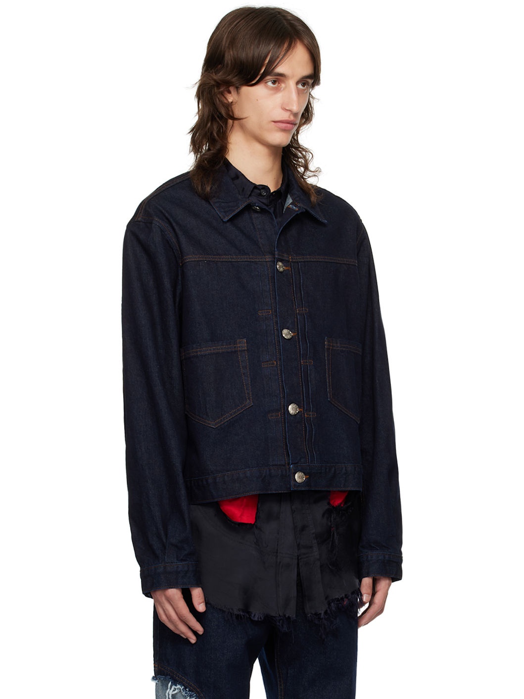 Navy Knife Pleat Denim Jacket - 2