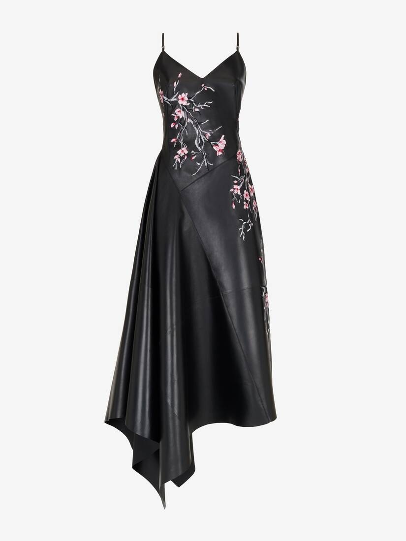 Women's Cherry Blossom Leather Dress in Black/pink/ivory - 2