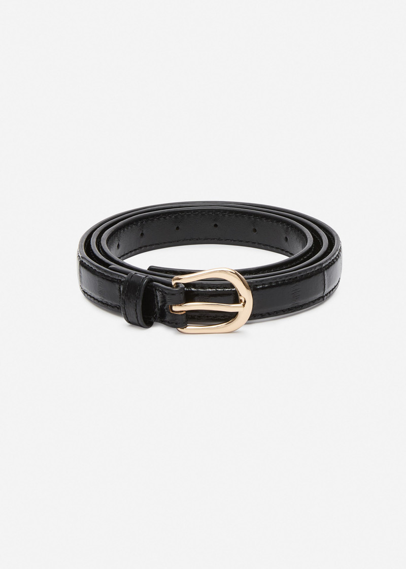 Rounded buckle leather belt in black and gold 1