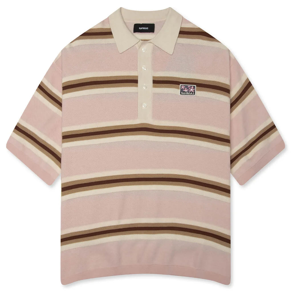 Knit Striped Polo Top Soft Pink Stripe Knitwear - 1