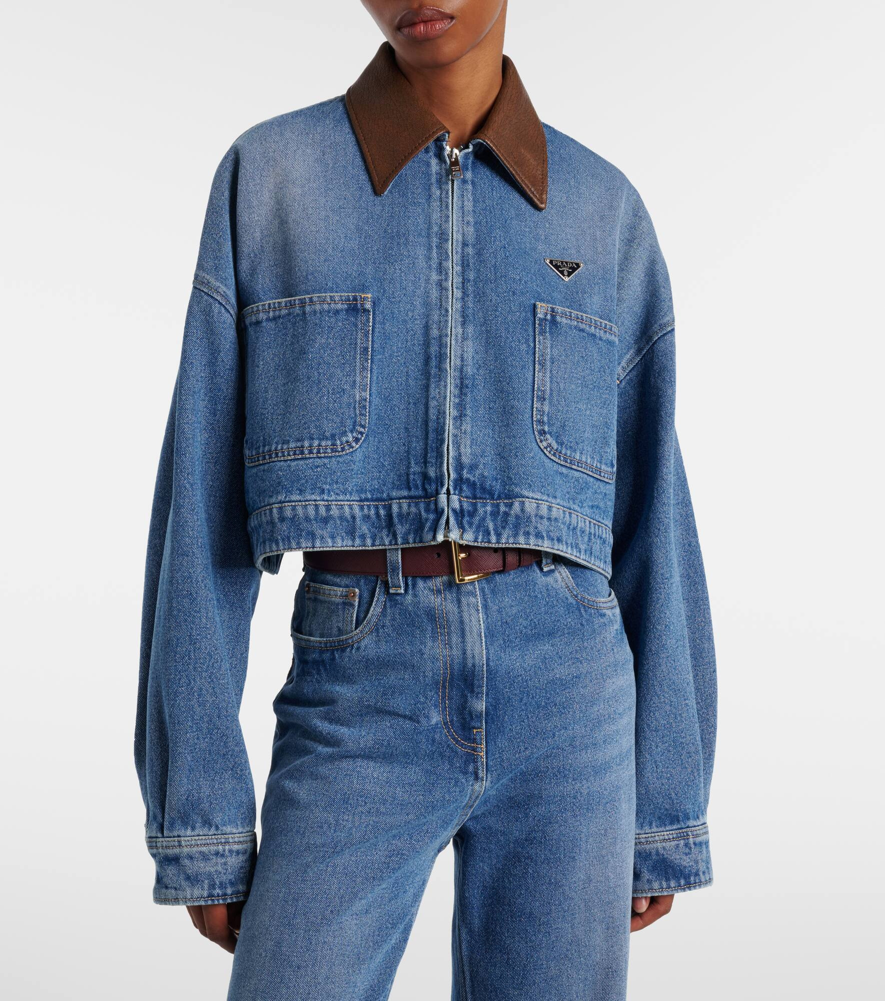 Leather-trimmed cropped denim jacket - 6