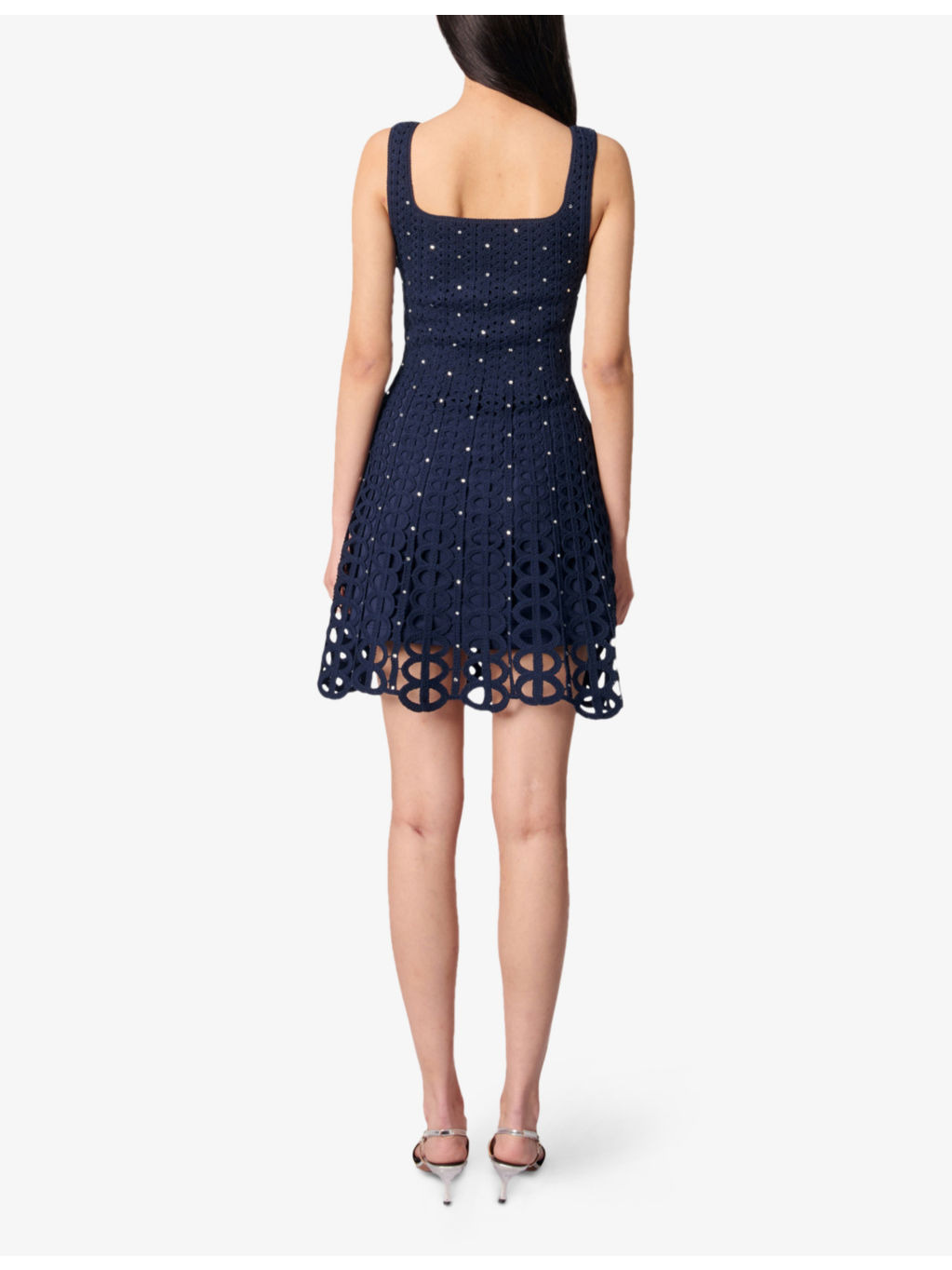 Rhinestone-Embellished Square-Neck Crochet Mini Dress - 4