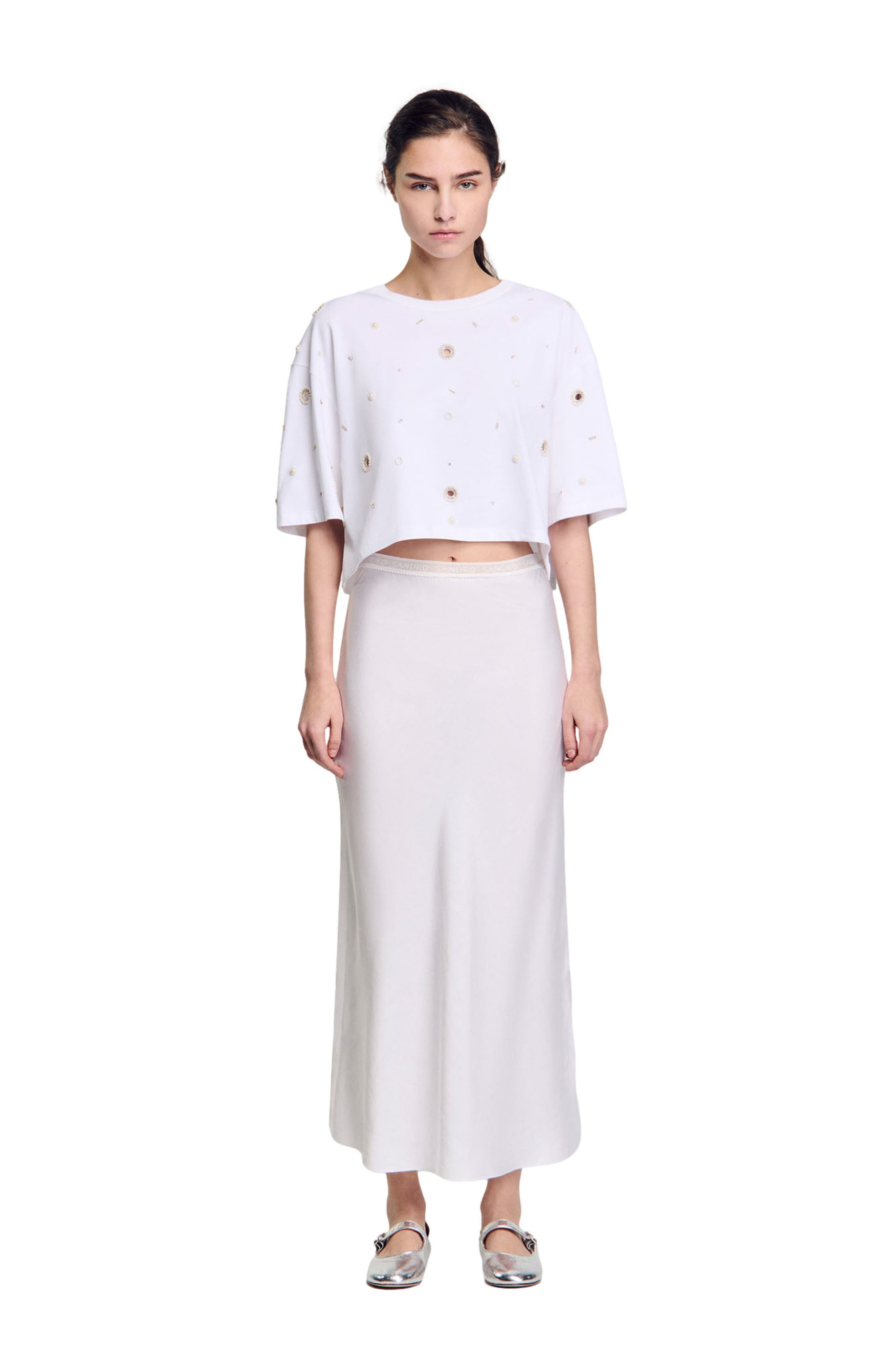 SANDRO Cropped pearl bead T-shirt in White at Nordstrom - 1