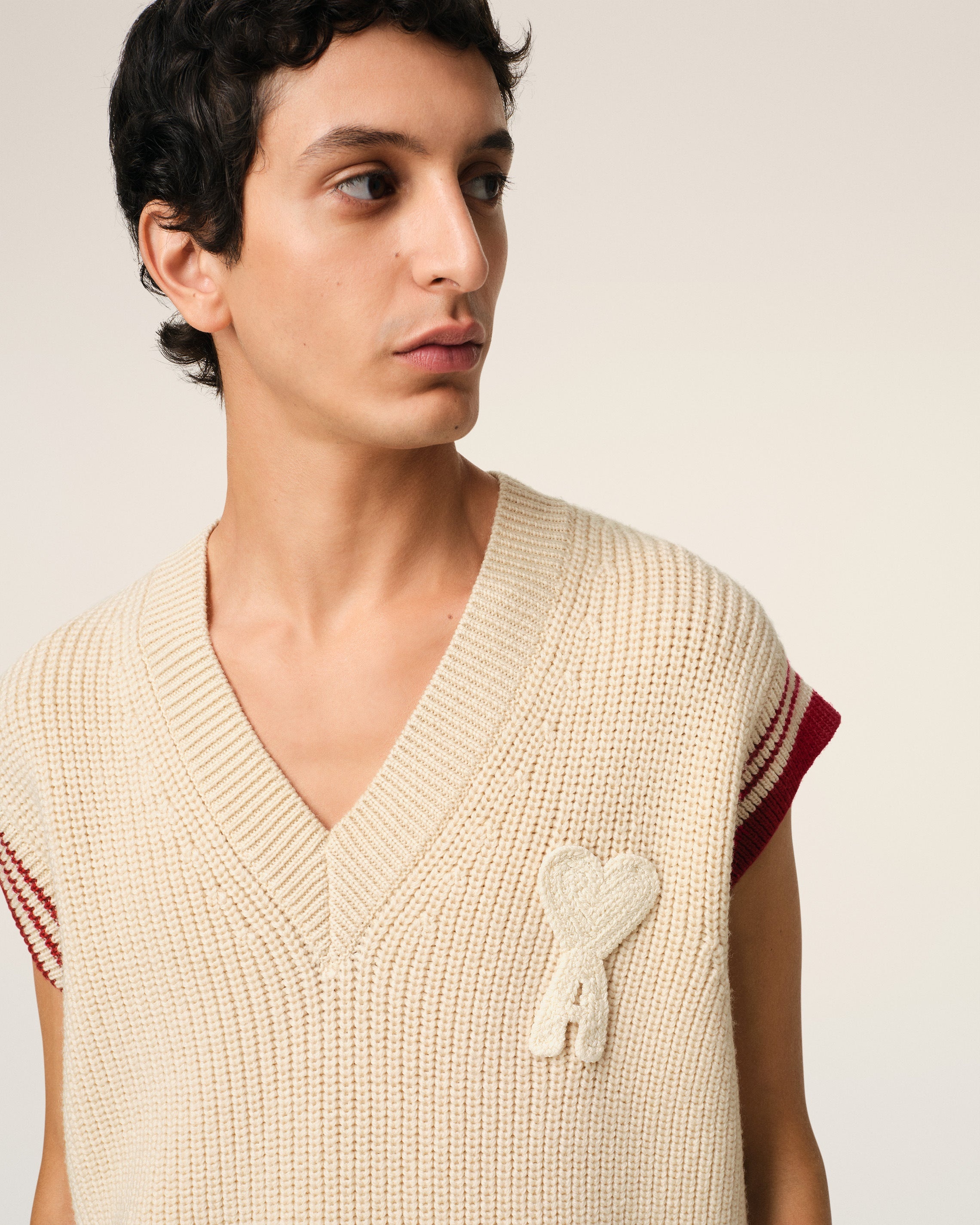 BEIGE WOOL RIBBED SLEEVELESS V NECK SWEATER - 4