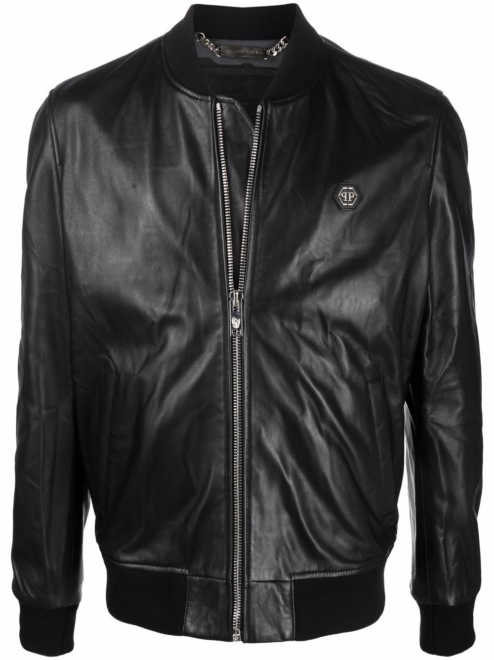 rhinestone skull leather bomber jacket - 1