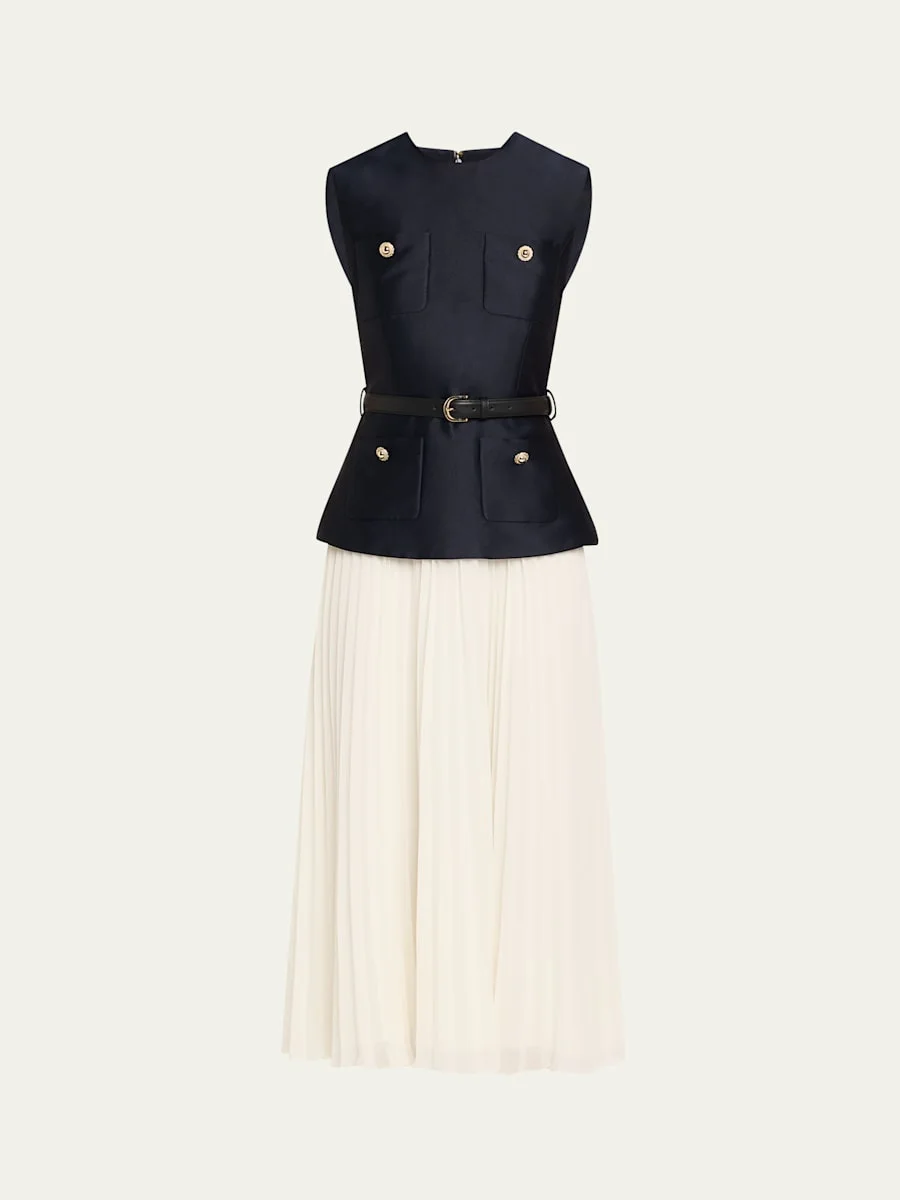 Belted Mixed-Media Midi Dress - 1