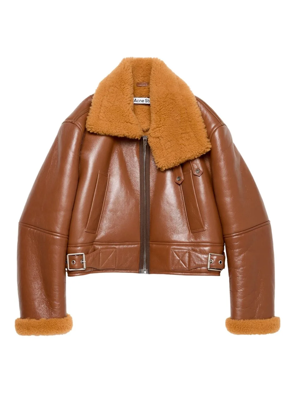 shearling-collar leather jacket - 1